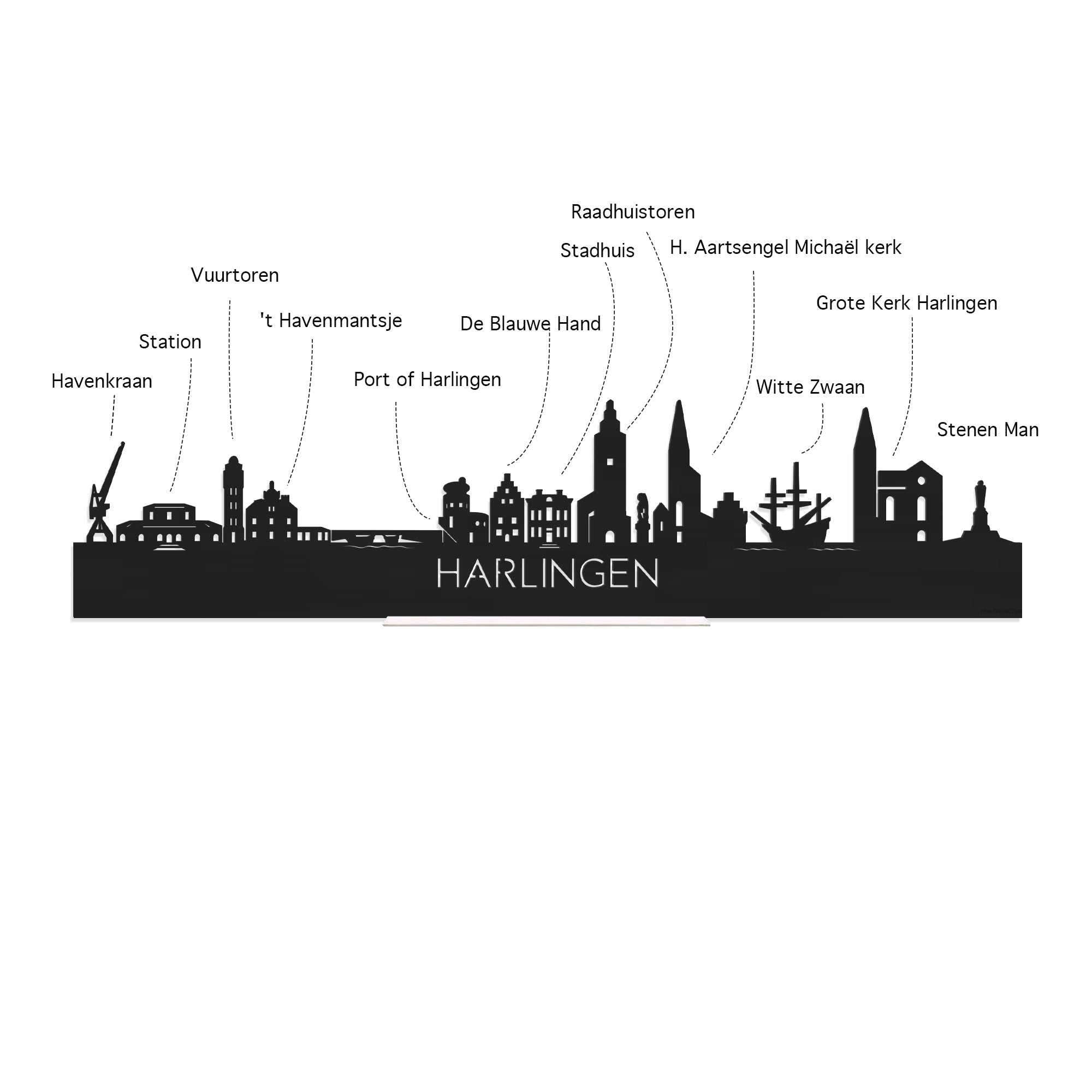 Skyline Klok Harlingen Noten houten cadeau decoratie relatiegeschenk van WoodWideCities