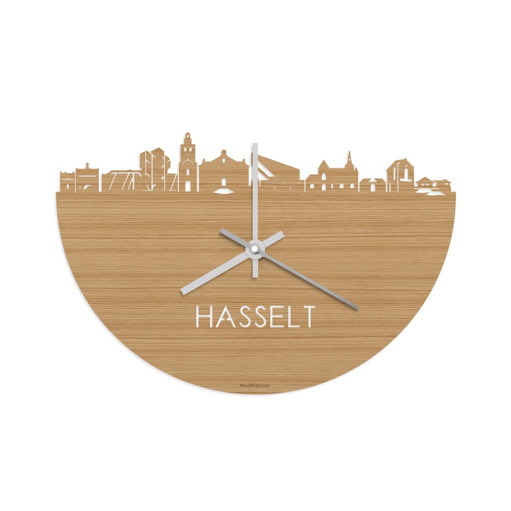 Skyline Klok Hasselt Bamboe houten cadeau wanddecoratie relatiegeschenk van WoodWideCities