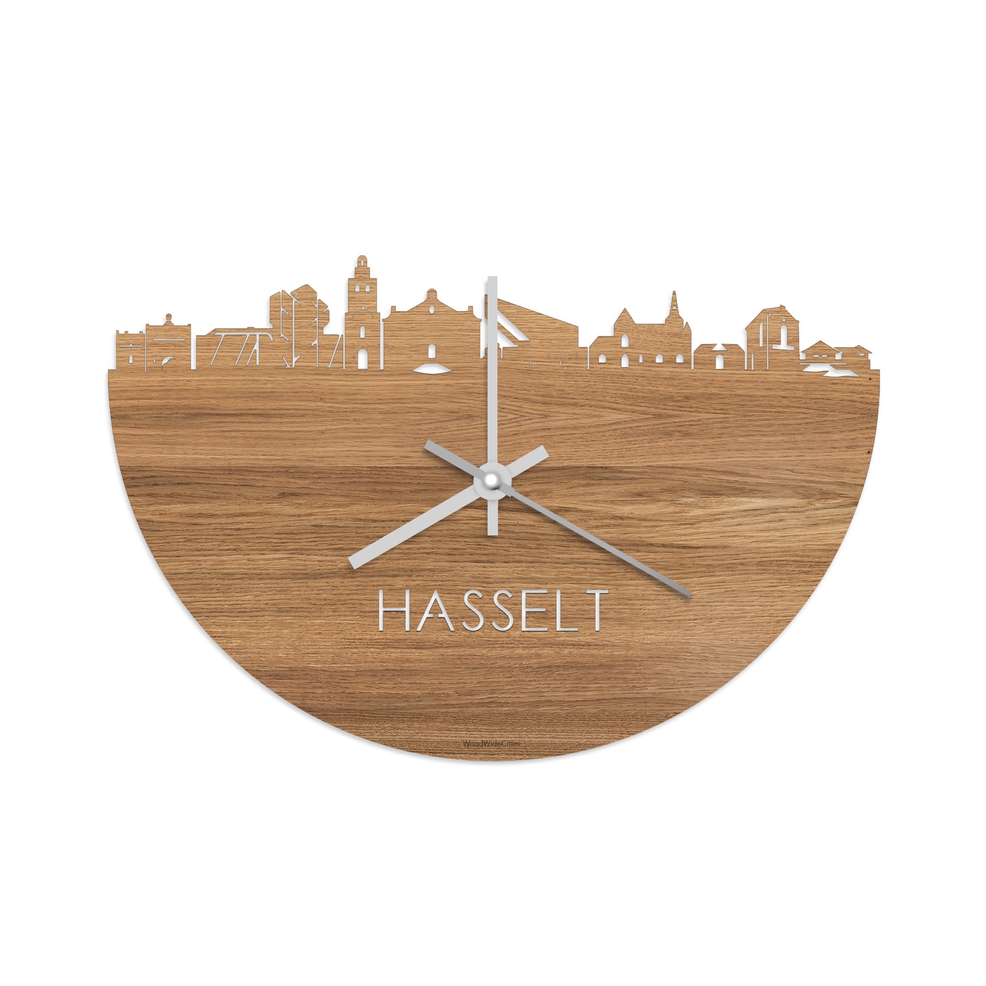 Skyline Klok Hasselt Eiken houten cadeau wanddecoratie relatiegeschenk van WoodWideCities