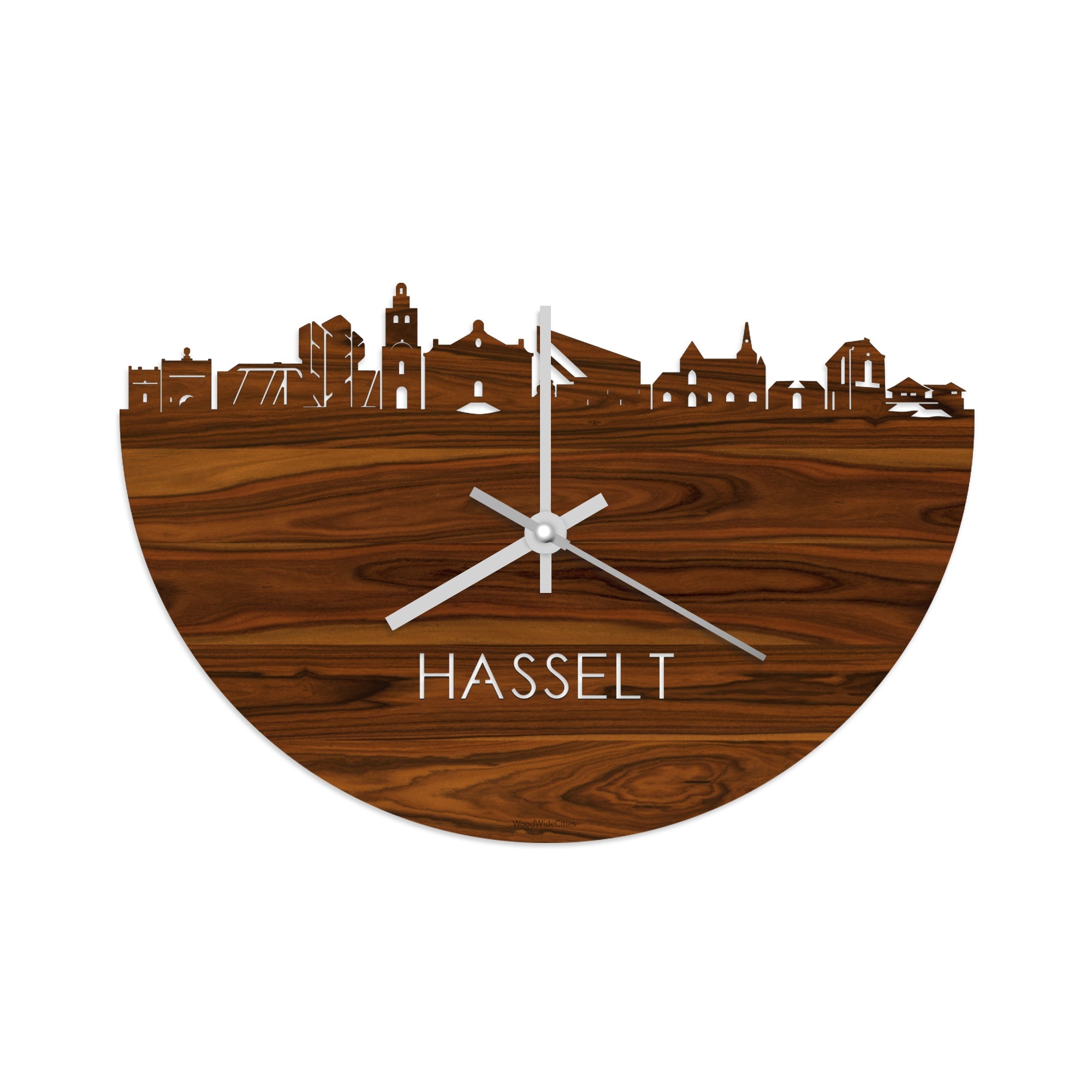 Skyline Klok Hasselt Palissander houten cadeau wanddecoratie relatiegeschenk van WoodWideCities