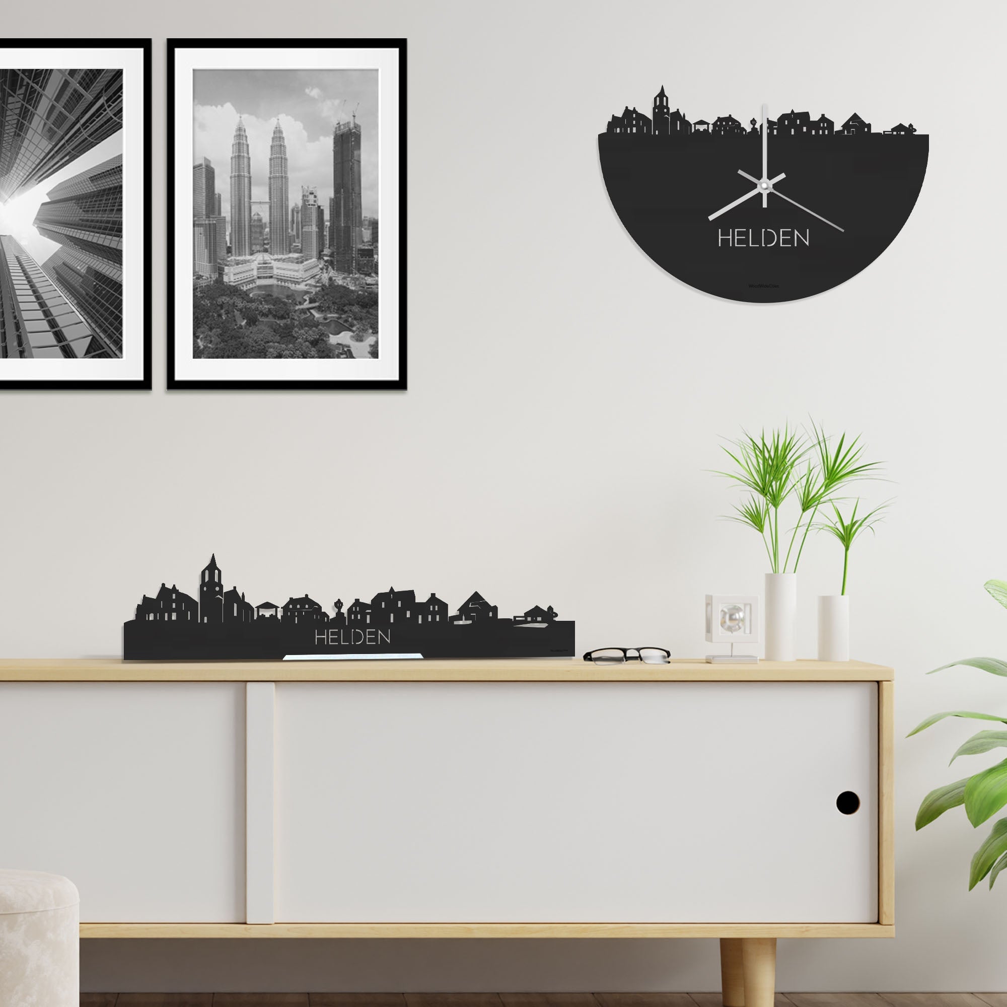 Skyline Klok Helden Black Zwart houten cadeau decoratie relatiegeschenk van WoodWideCities