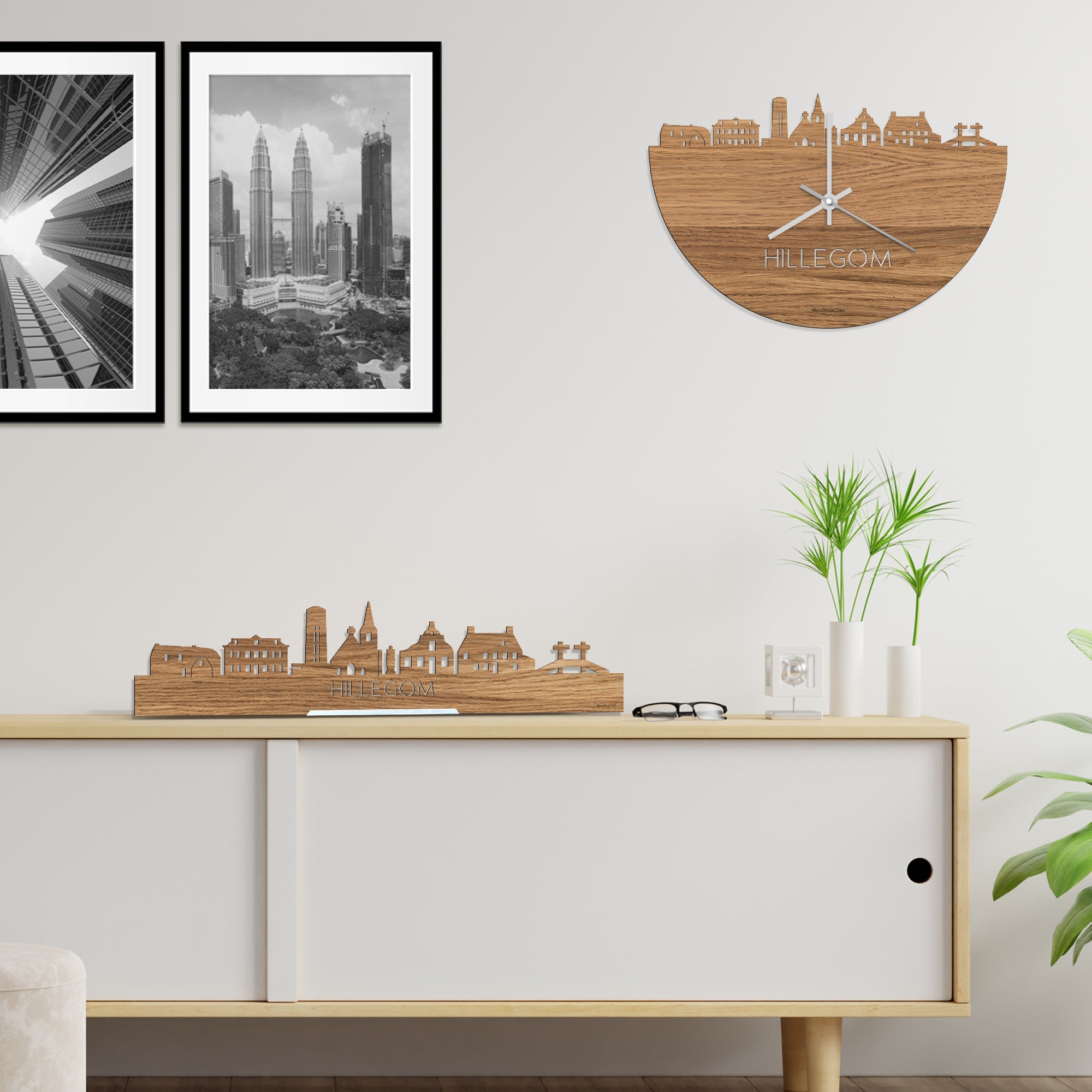 Skyline Klok Hillegom Eiken houten cadeau decoratie relatiegeschenk van WoodWideCities