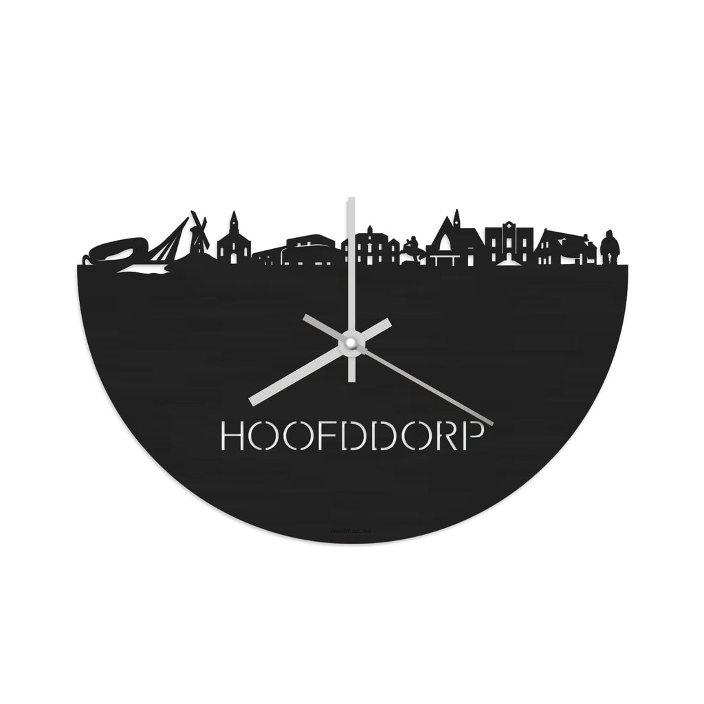 Skyline Klok Hoofddorp Black Zwart houten cadeau wanddecoratie relatiegeschenk van WoodWideCities