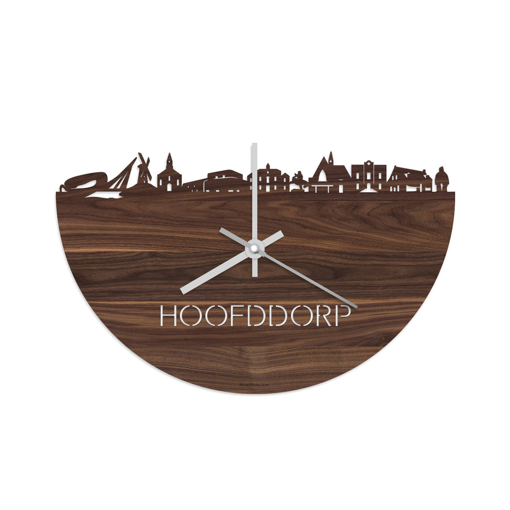 Skyline Klok Hoofddorp Noten houten cadeau wanddecoratie relatiegeschenk van WoodWideCities