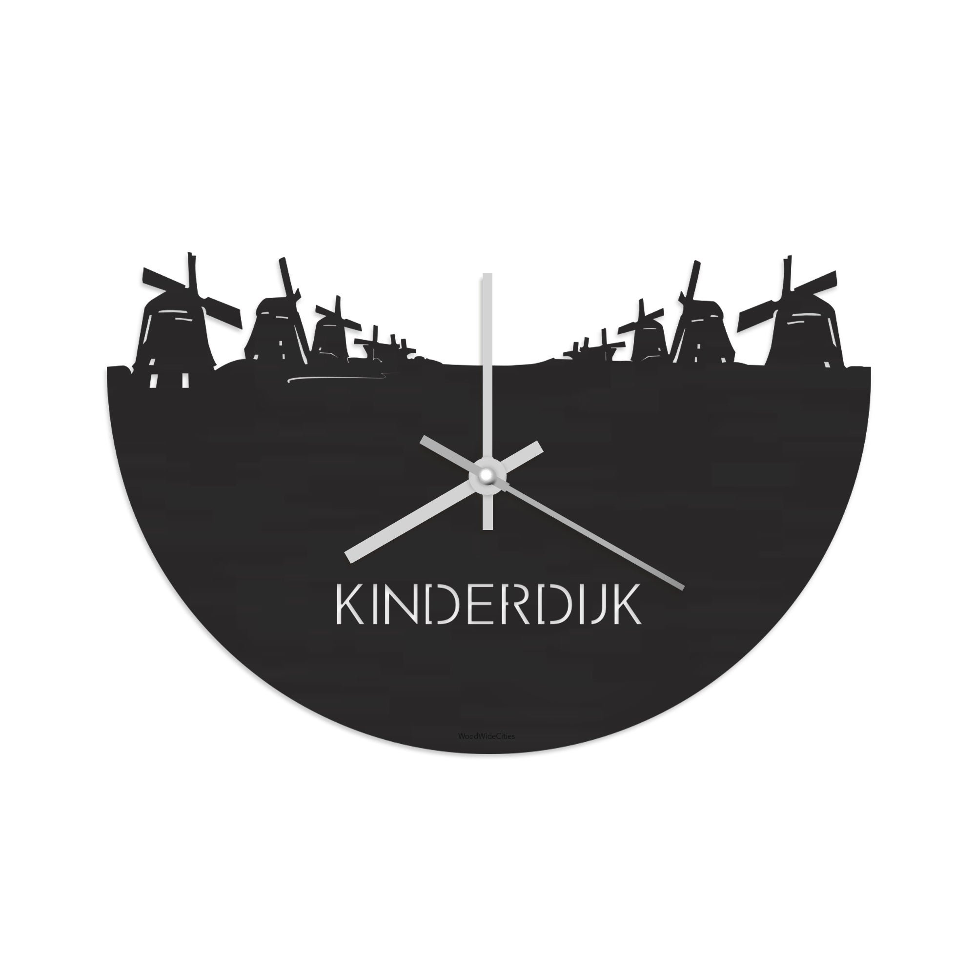 Skyline Klok Kinderdijk Black Zwart houten cadeau wanddecoratie relatiegeschenk van WoodWideCities