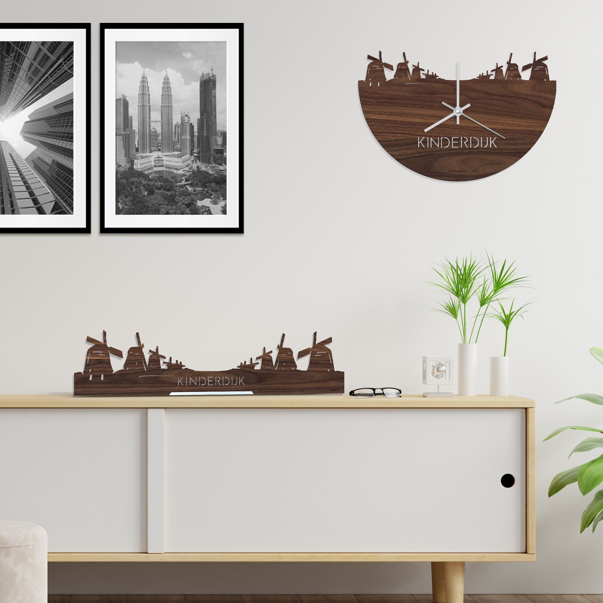 Skyline Klok Kinderdijk Noten houten cadeau wanddecoratie relatiegeschenk van WoodWideCities