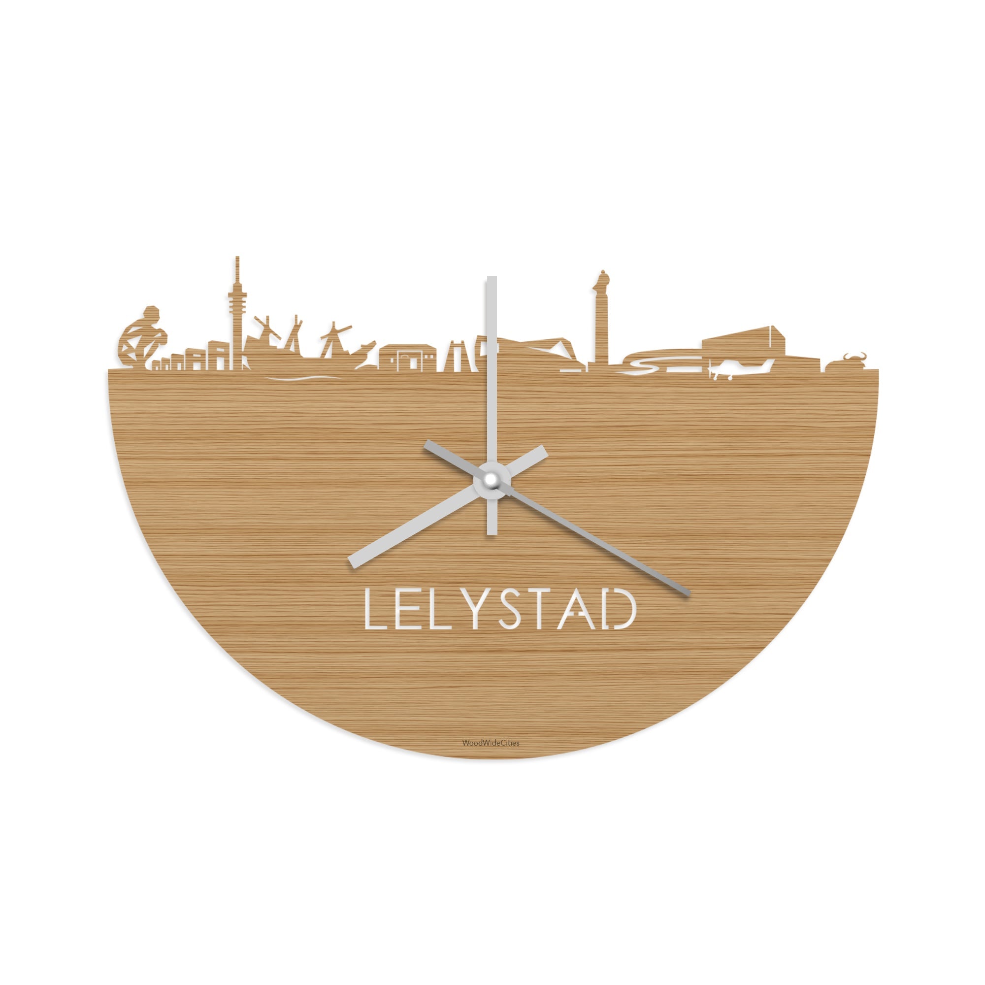 Skyline Klok Lelystad Bamboe houten cadeau wanddecoratie relatiegeschenk van WoodWideCities