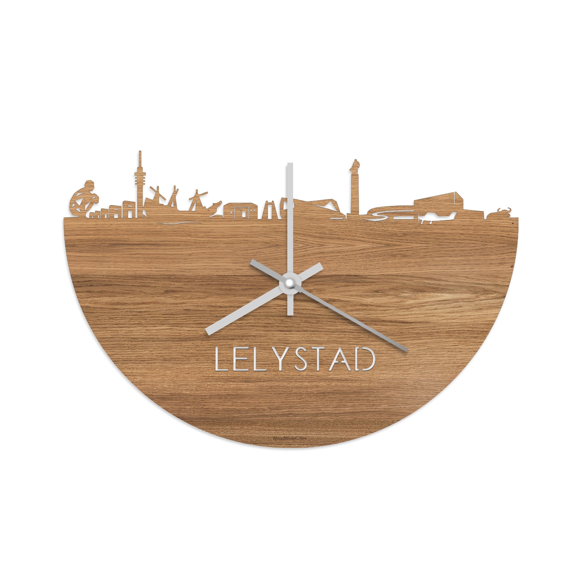 Skyline Klok Lelystad Eiken houten cadeau wanddecoratie relatiegeschenk van WoodWideCities