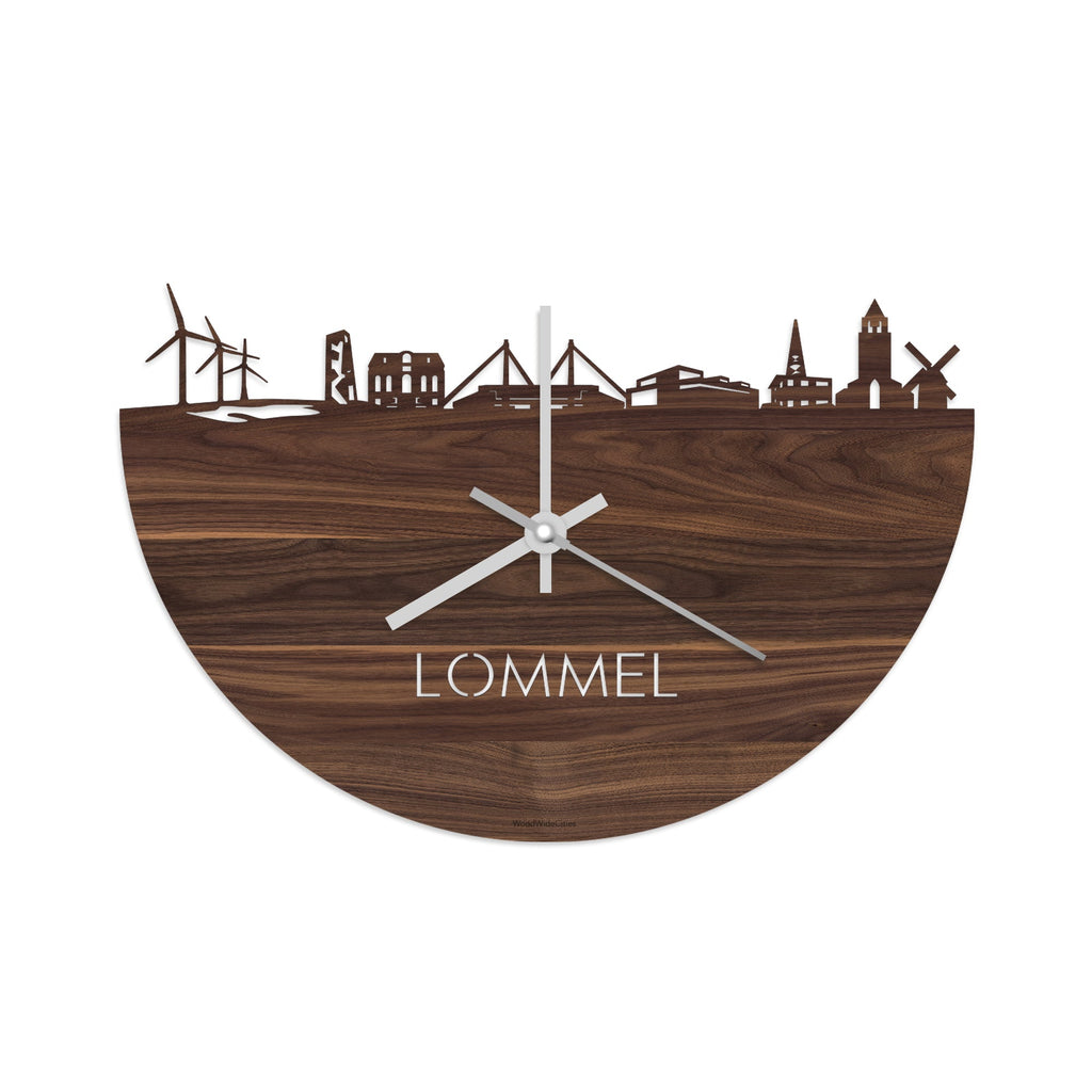 Skyline Klok Lommel Noten houten cadeau wanddecoratie relatiegeschenk van WoodWideCities