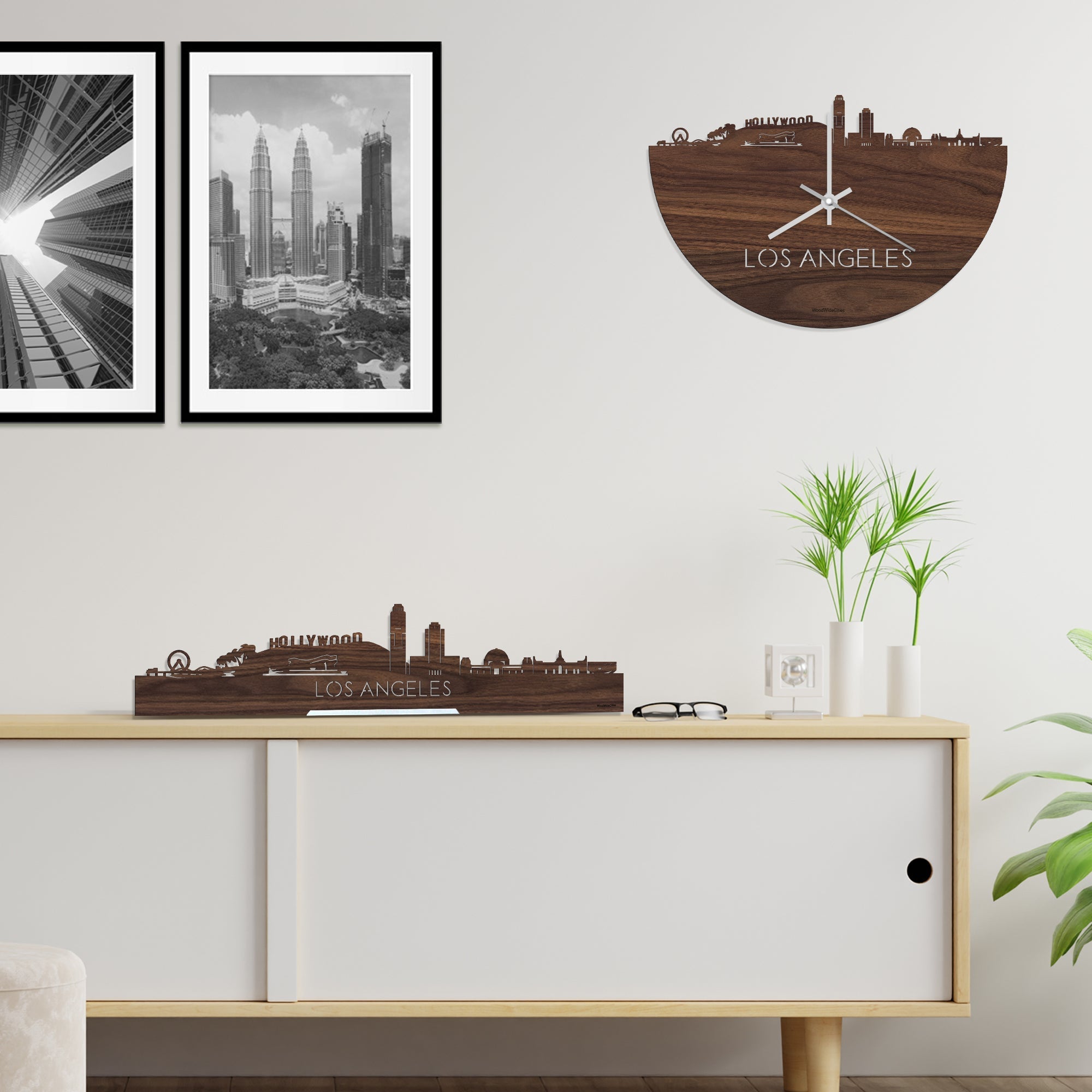 Skyline Klok Los-angeles Noten houten cadeau decoratie relatiegeschenk van WoodWideCities