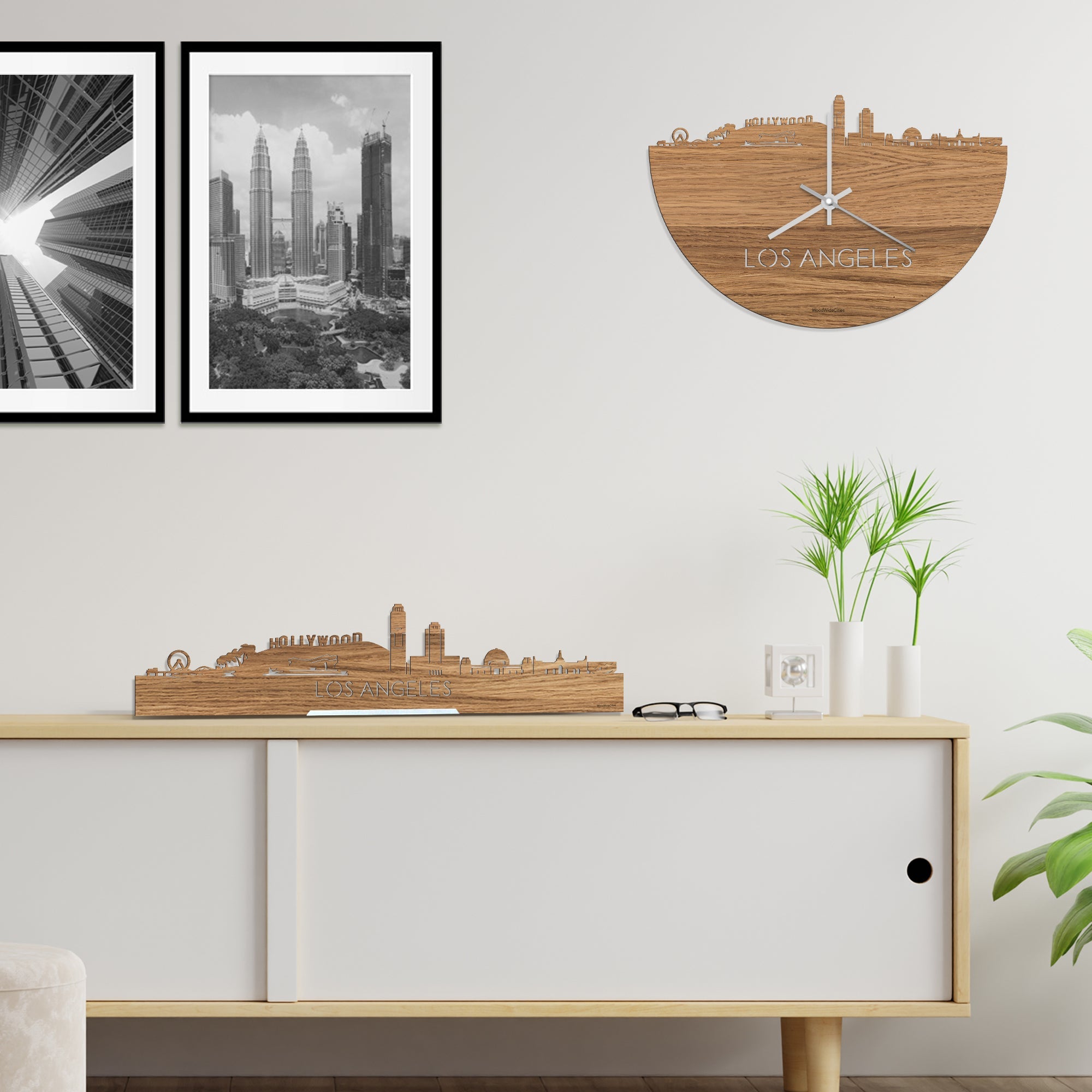 Skyline Klok Los-angeles Eiken houten cadeau decoratie relatiegeschenk van WoodWideCities