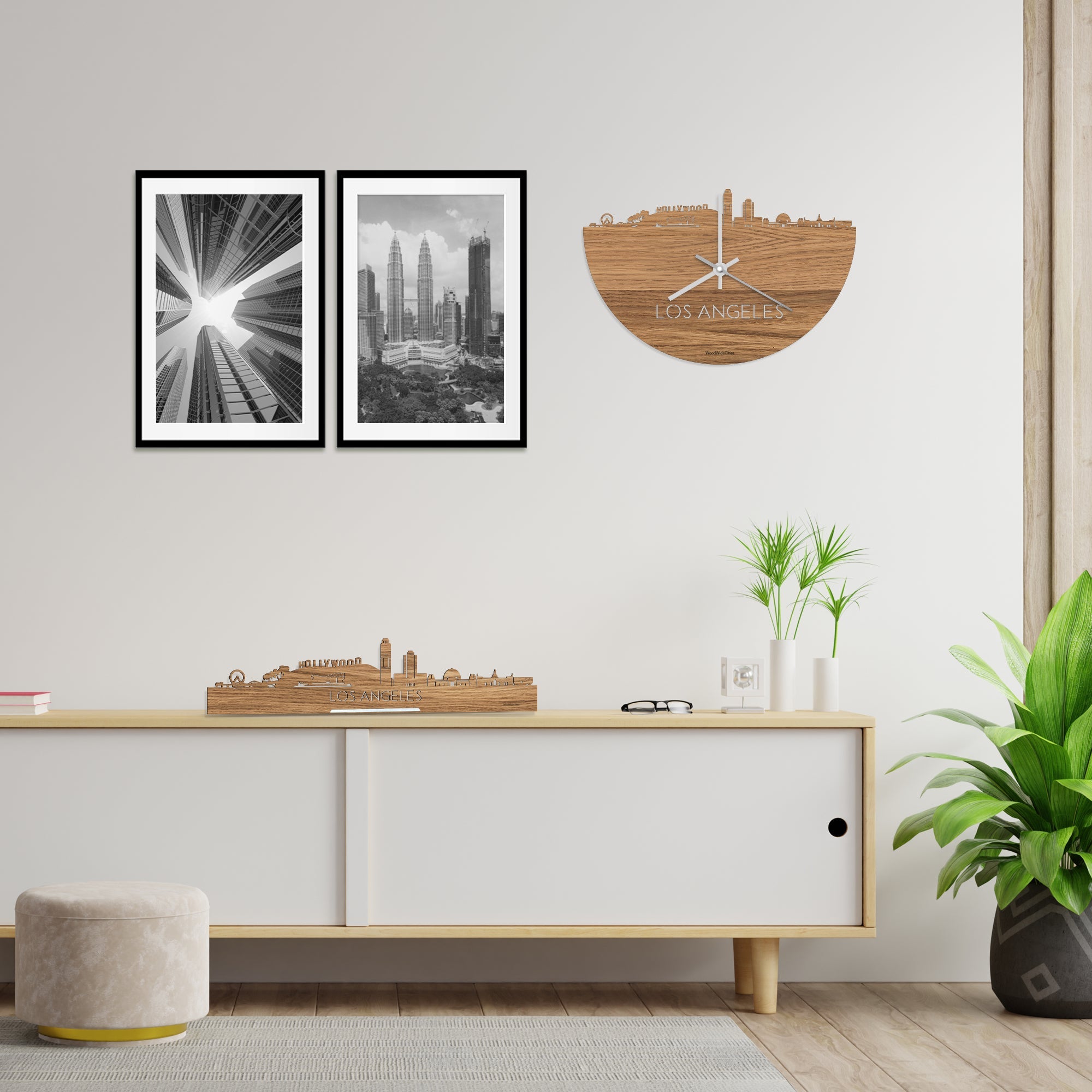 Skyline Klok Los-angeles Eiken houten cadeau decoratie relatiegeschenk van WoodWideCities