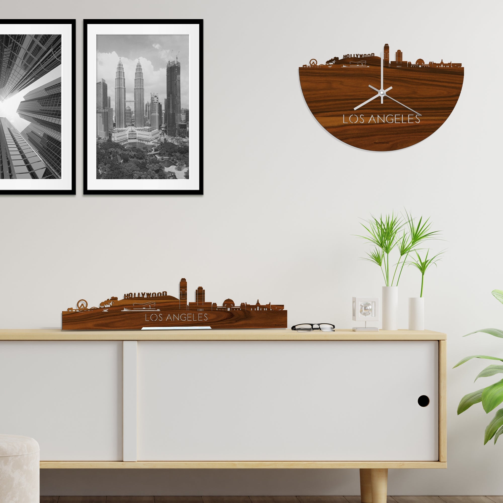 Skyline Klok Los-angeles Palissander houten cadeau decoratie relatiegeschenk van WoodWideCities