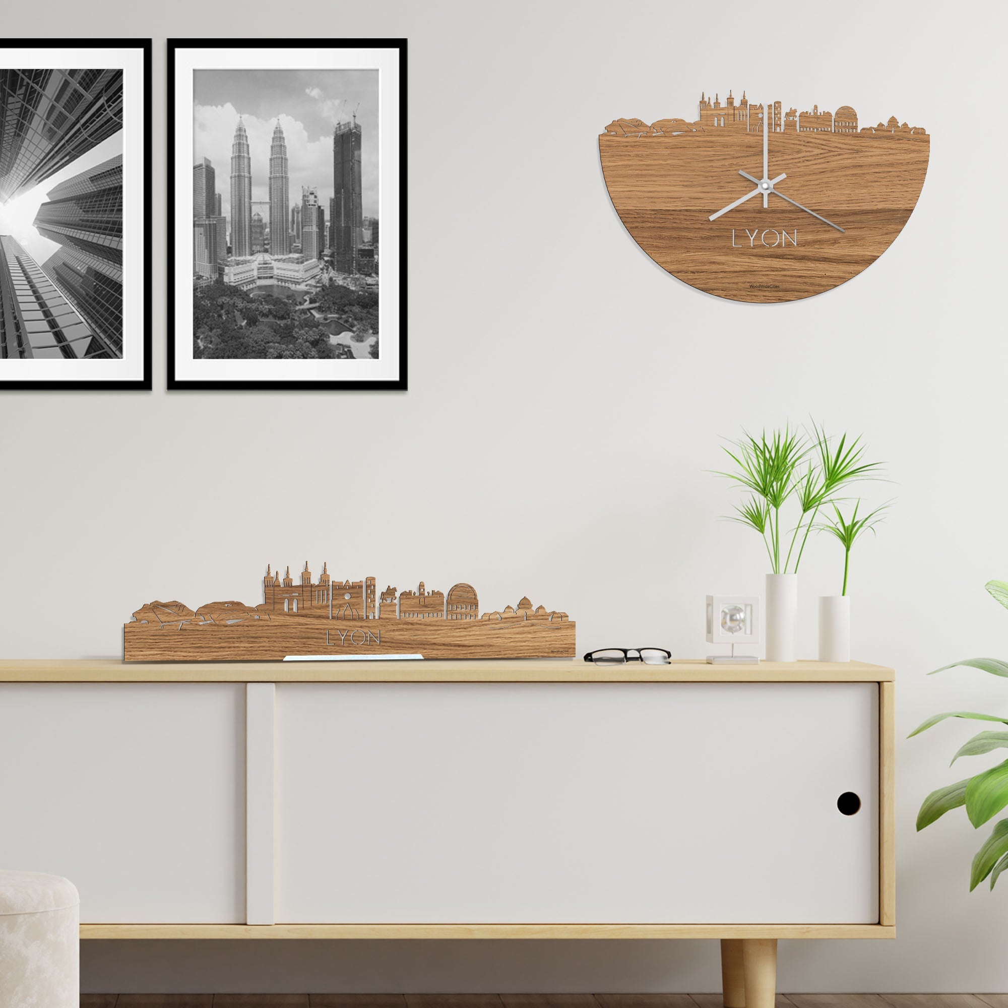 Skyline Klok Lyon Eiken houten cadeau decoratie relatiegeschenk van WoodWideCities