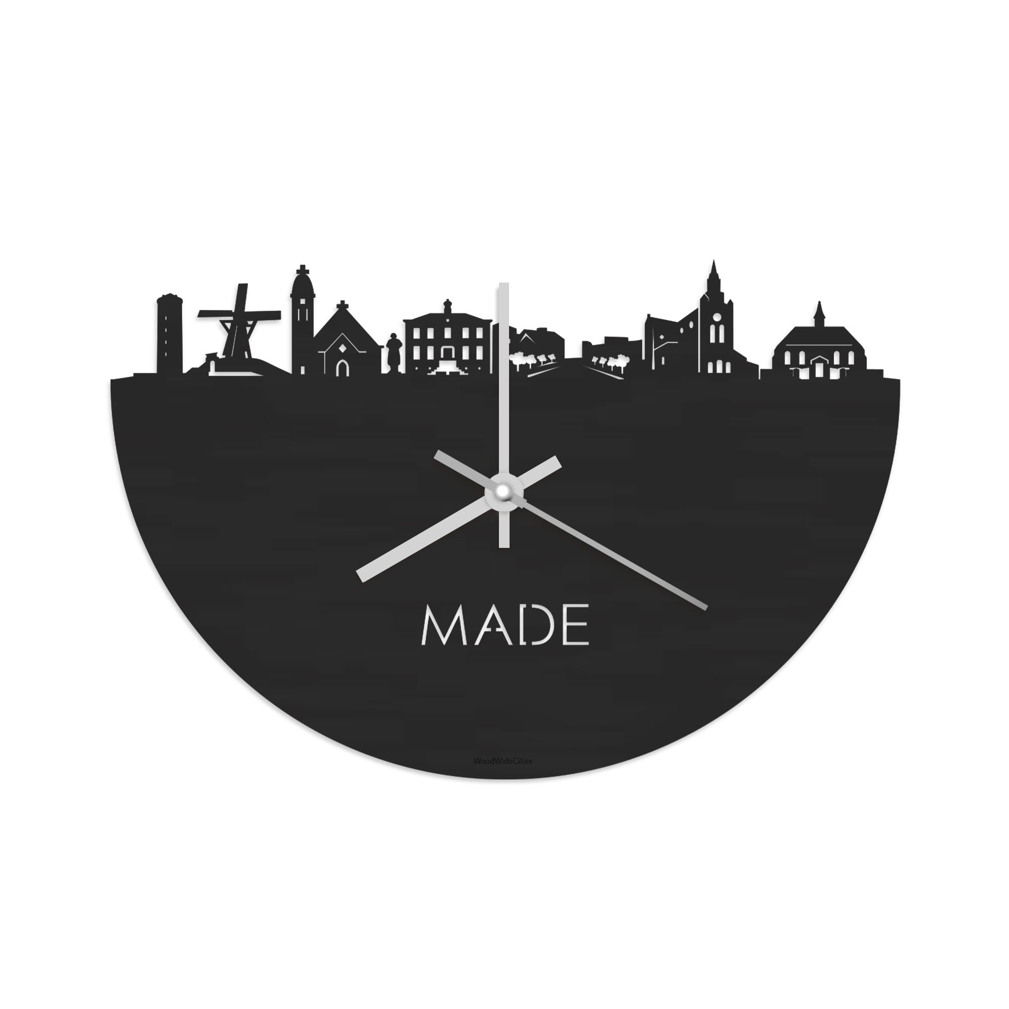 Skyline Klok Made Black Zwart houten cadeau decoratie relatiegeschenk van WoodWideCities