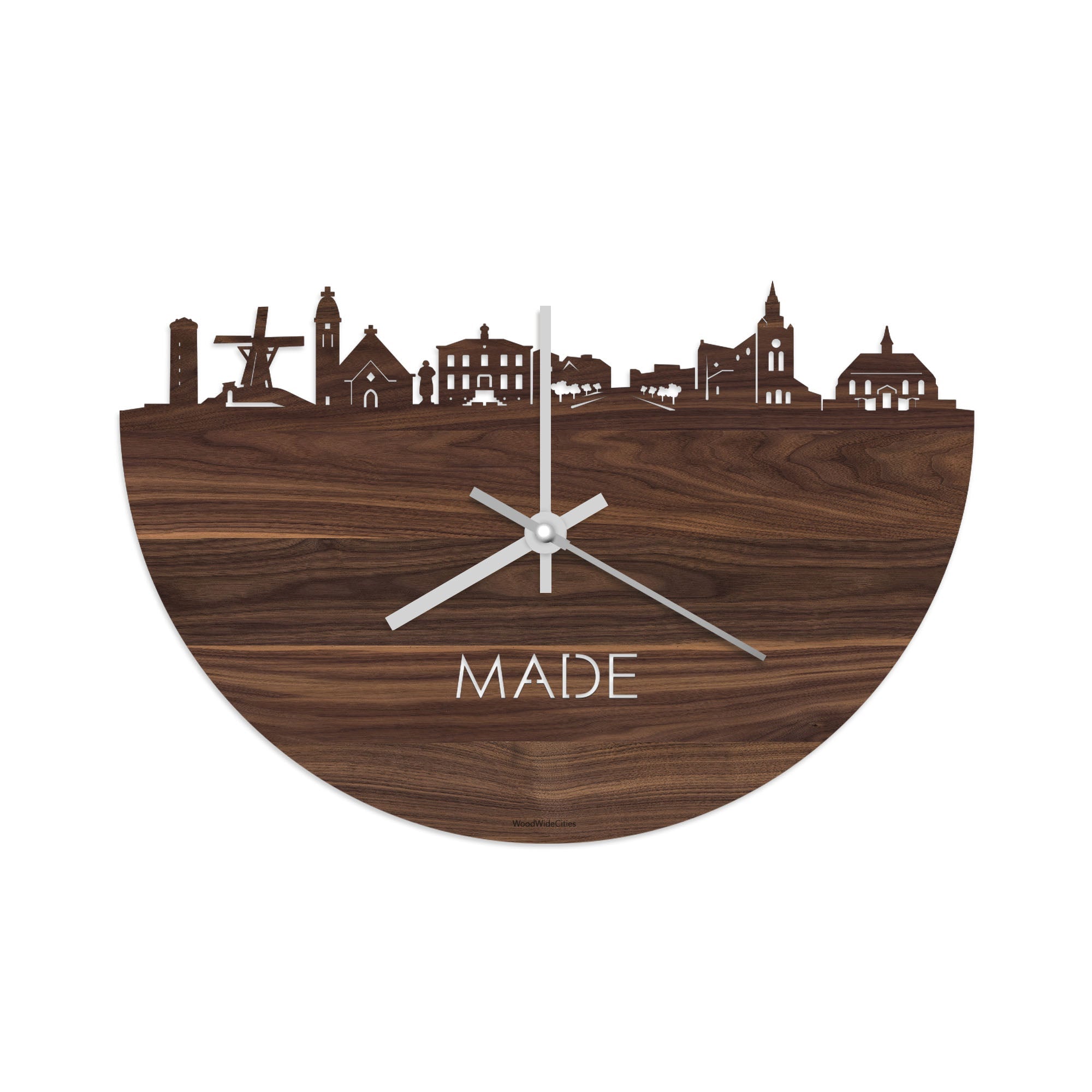 Skyline Klok Made Noten houten cadeau decoratie relatiegeschenk van WoodWideCities