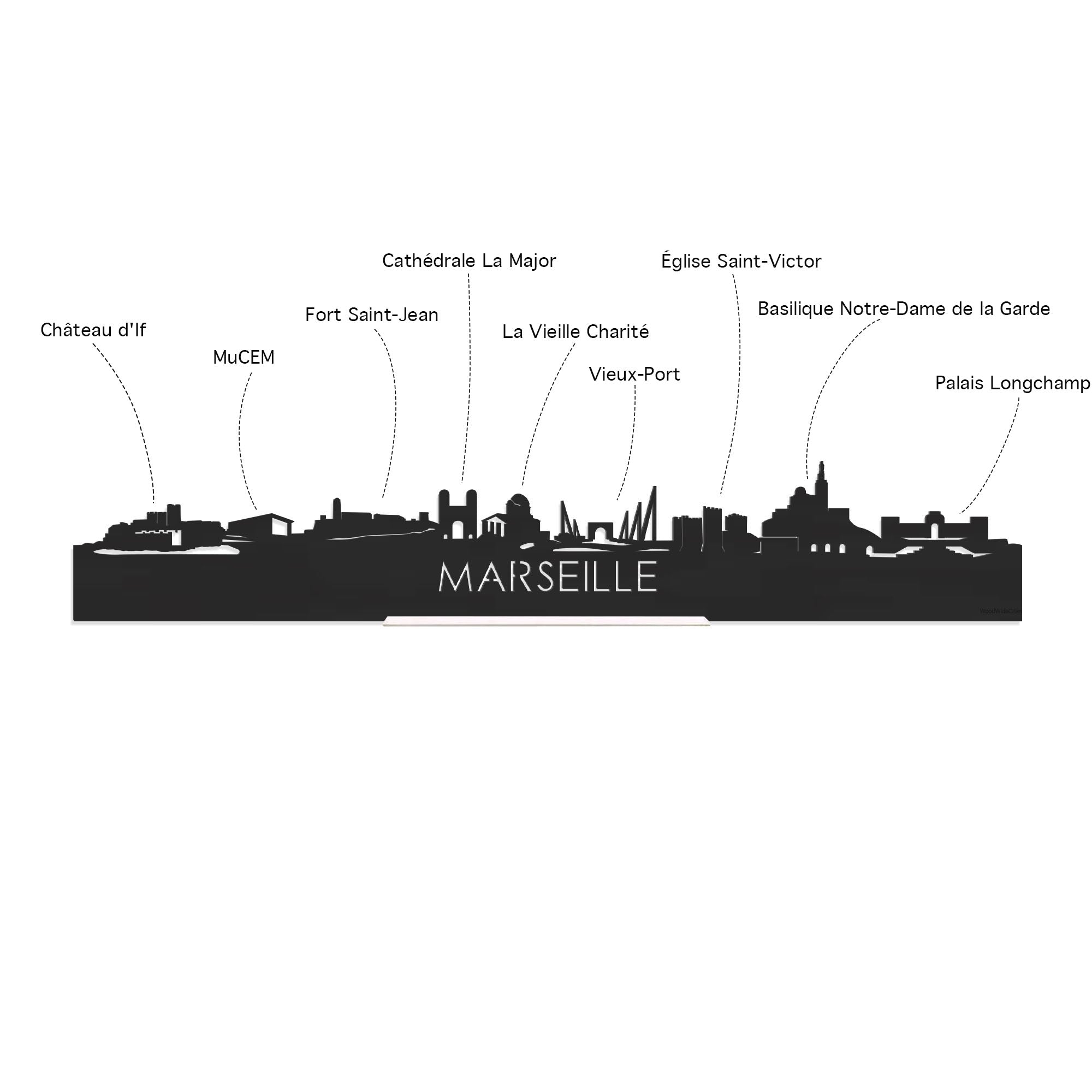 Skyline Klok Marseille Noten houten cadeau decoratie relatiegeschenk van WoodWideCities