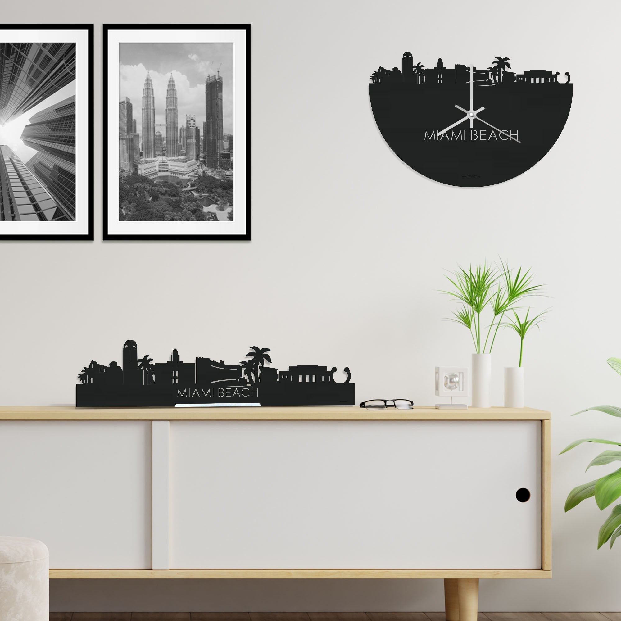 Skyline Klok Miami-beach Black Zwart houten cadeau decoratie relatiegeschenk van WoodWideCities