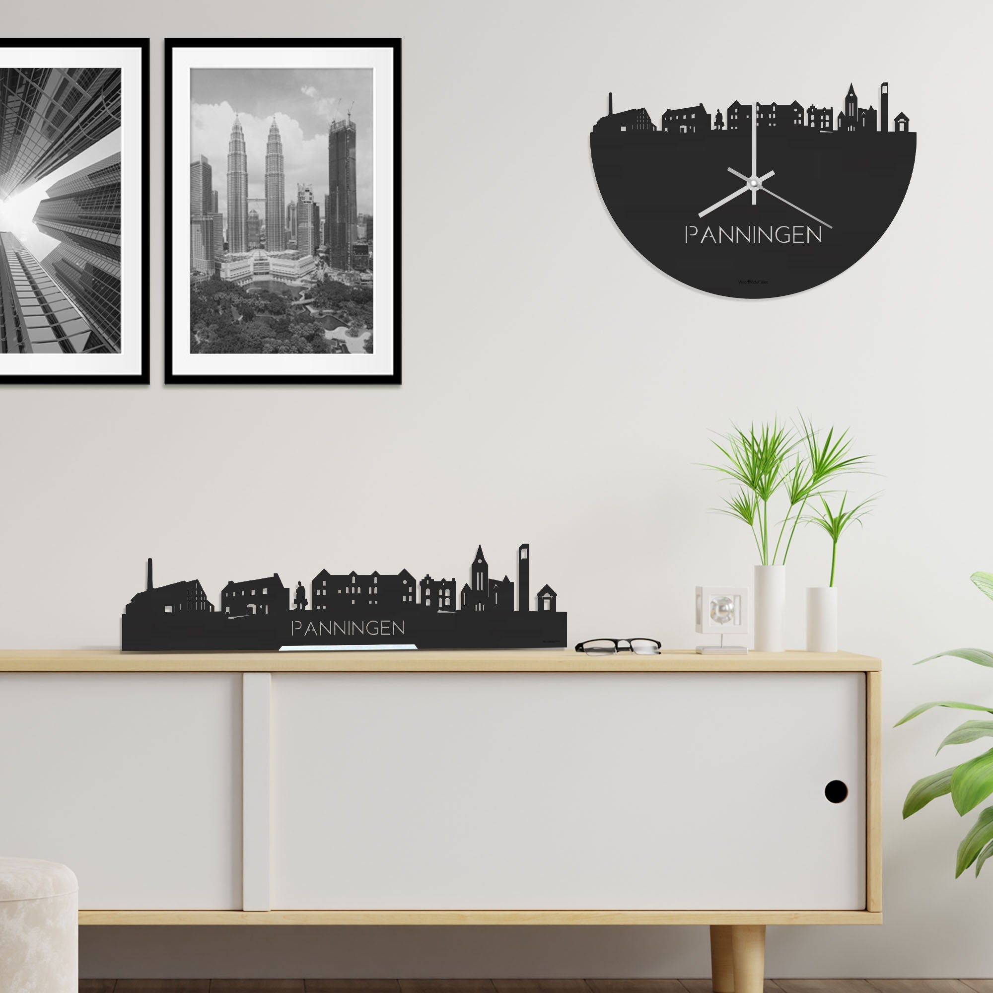 Skyline Klok Panningen Black Zwart houten cadeau decoratie relatiegeschenk van WoodWideCities