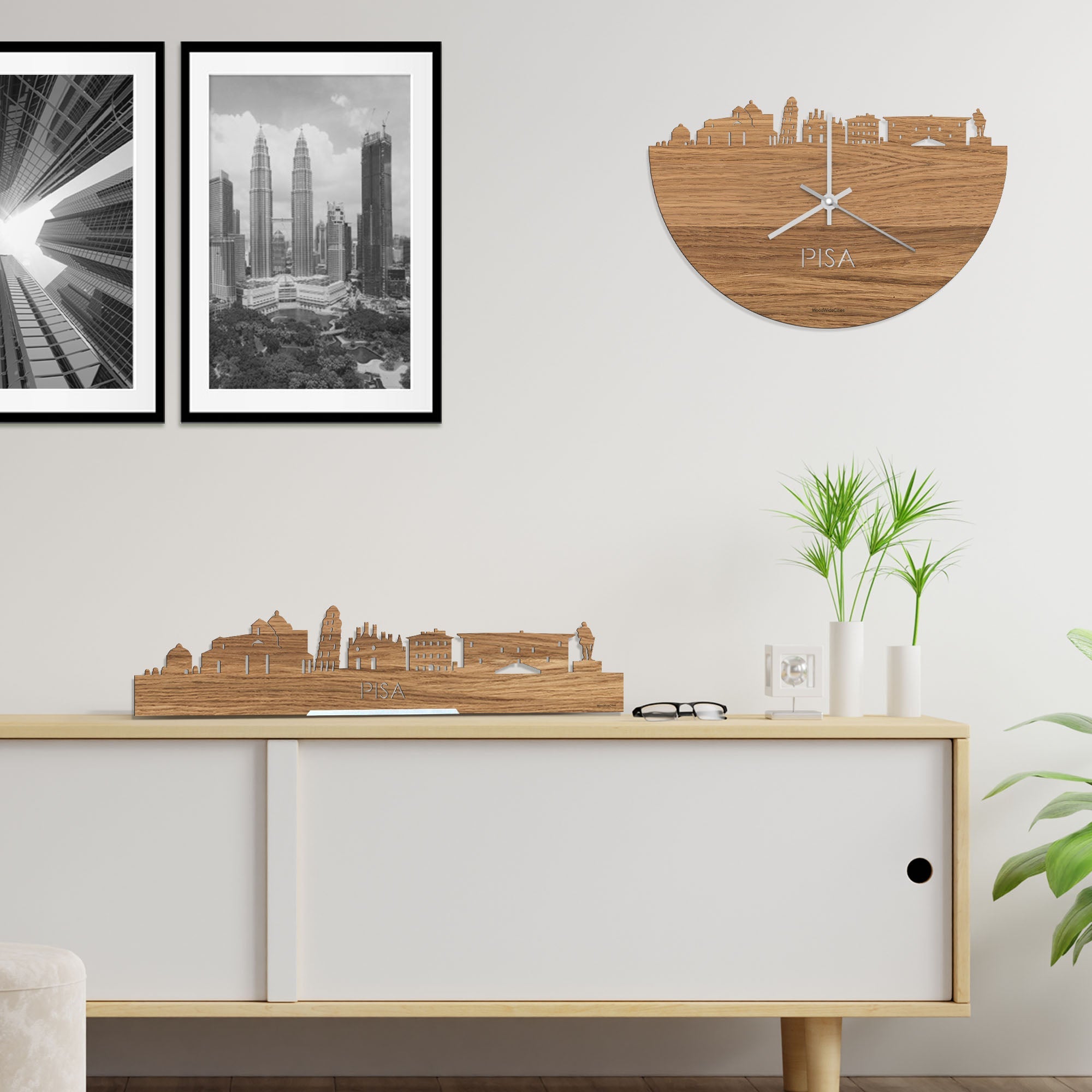 Skyline Klok Pisa Eiken houten cadeau decoratie relatiegeschenk van WoodWideCities