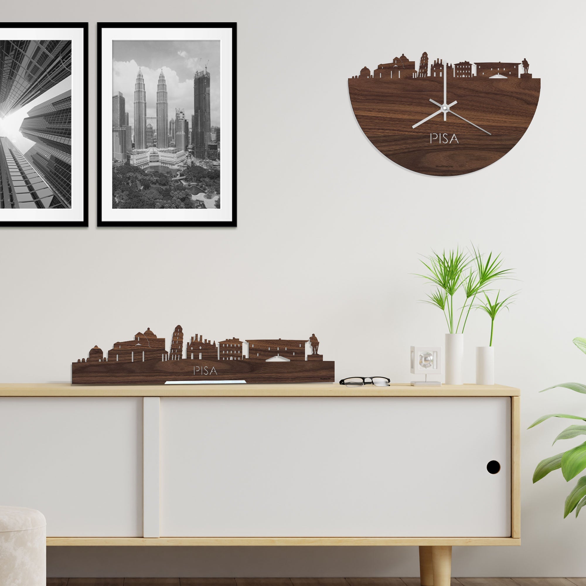 Skyline Klok Pisa Noten houten cadeau decoratie relatiegeschenk van WoodWideCities