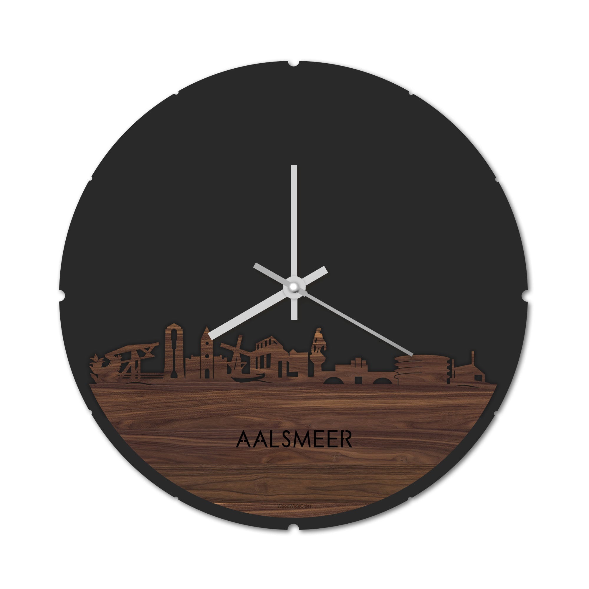 Skyline Klok Rond Aalsmeer Noten houten cadeau decoratie relatiegeschenk van WoodWideCities