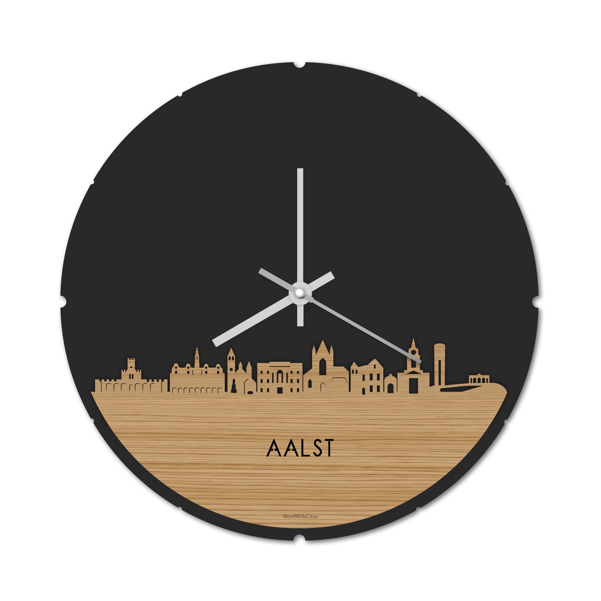 Skyline Klok Rond Aalst Bamboe houten cadeau decoratie relatiegeschenk van WoodWideCities