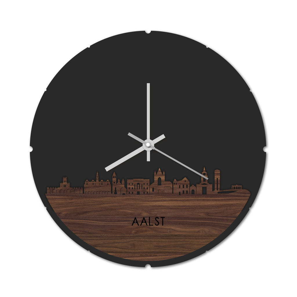 Skyline Klok Rond Aalst Noten houten cadeau decoratie relatiegeschenk van WoodWideCities