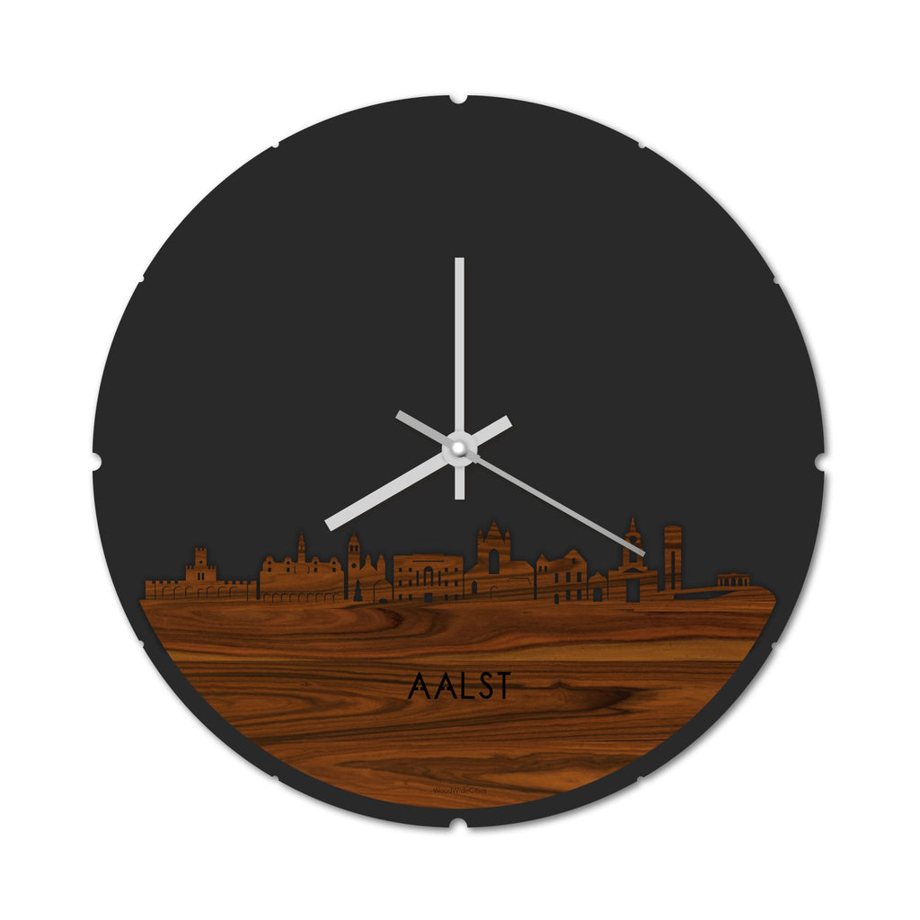 Skyline Klok Rond Aalst Palissander houten cadeau decoratie relatiegeschenk van WoodWideCities