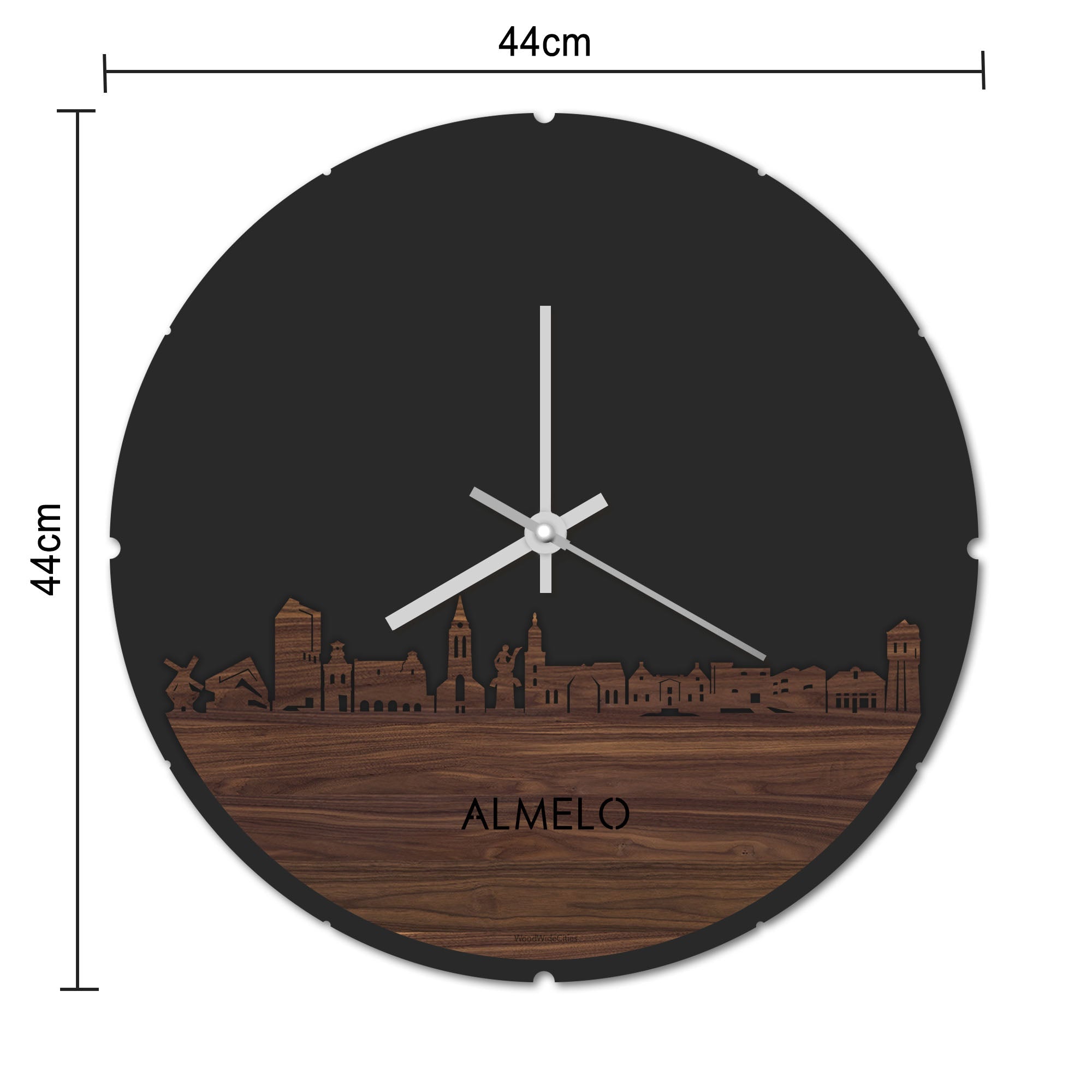 Skyline Klok Rond Almelo Palissander houten cadeau decoratie relatiegeschenk van WoodWideCities