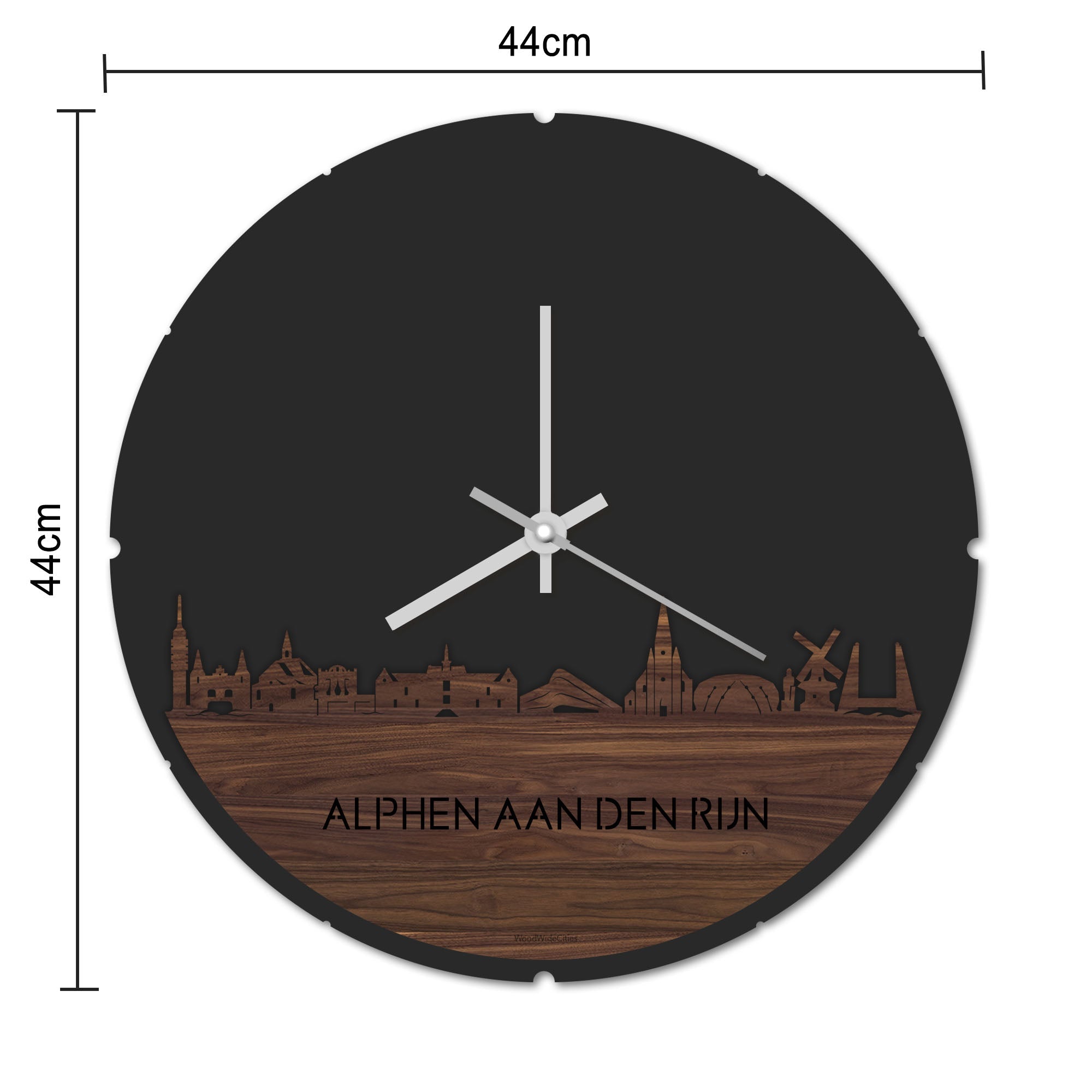 Skyline Klok Rond Alphen aan den Rijn Noten houten cadeau decoratie relatiegeschenk van WoodWideCities