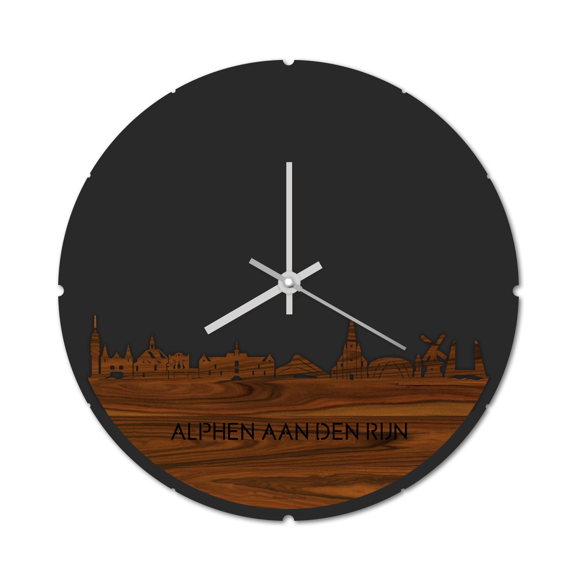 Skyline Klok Rond Alphen aan den Rijn Palissander houten cadeau decoratie relatiegeschenk van WoodWideCities