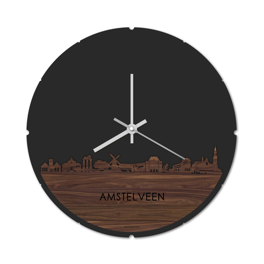 Skyline Klok Rond Amstelveen Noten houten cadeau decoratie relatiegeschenk van WoodWideCities