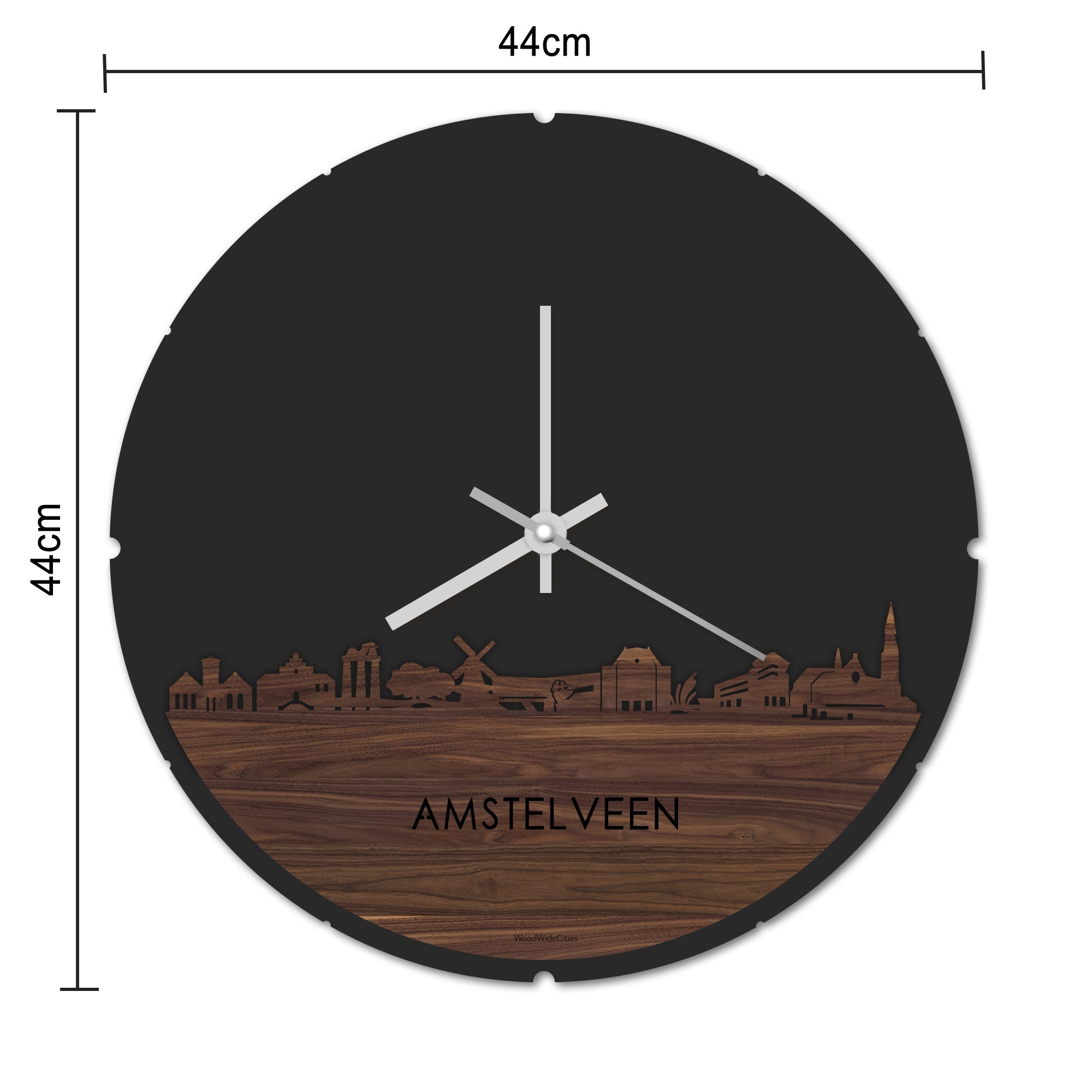 Skyline Klok Rond Amstelveen Palissander houten cadeau decoratie relatiegeschenk van WoodWideCities