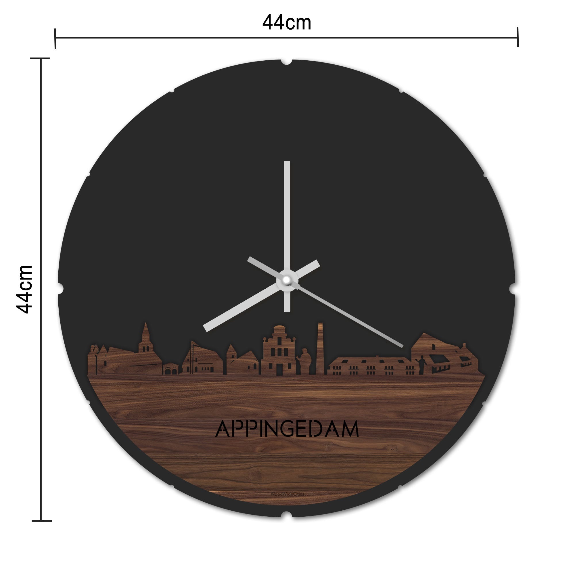 Skyline Klok Rond Appingedam Noten houten cadeau decoratie relatiegeschenk van WoodWideCities