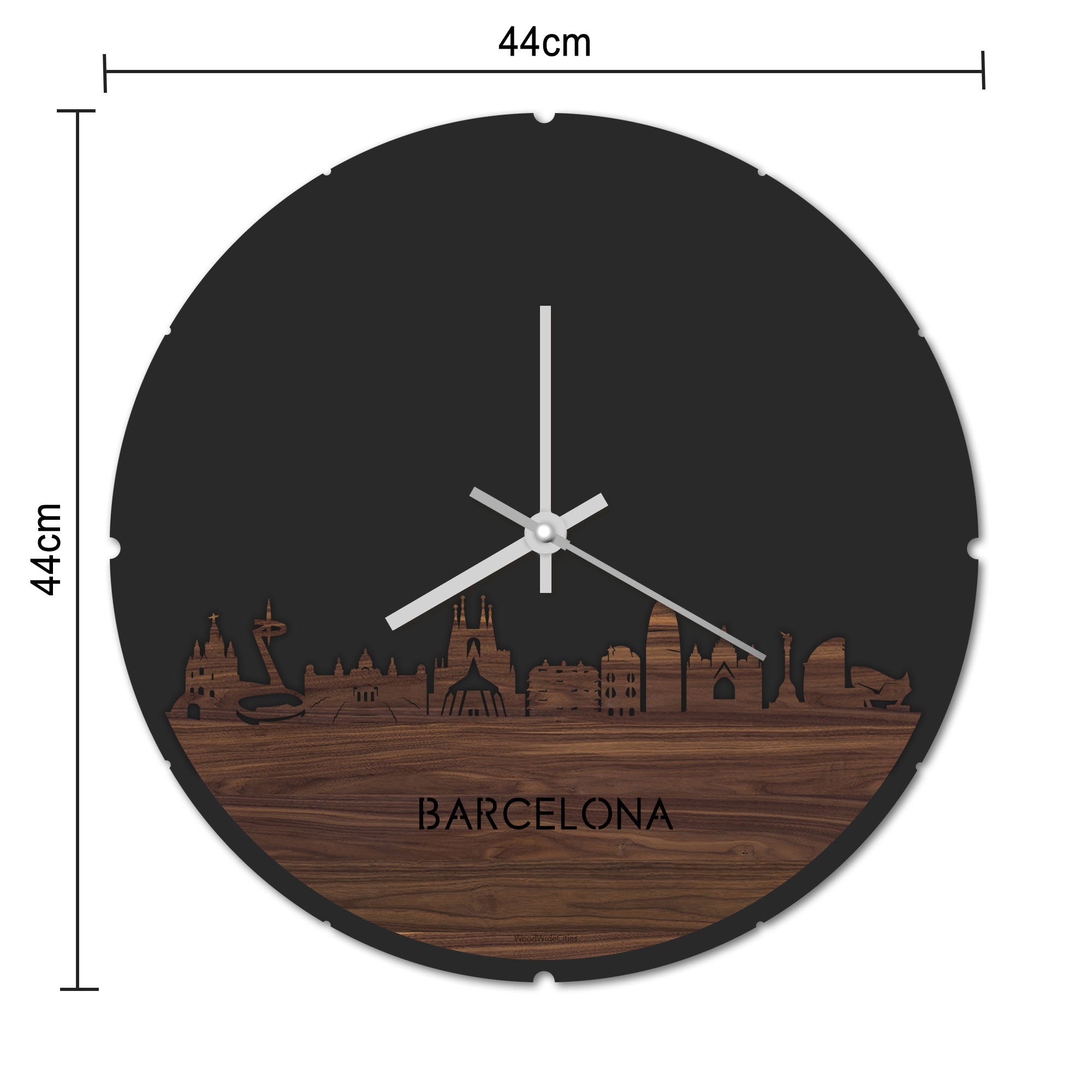 Skyline Klok Rond Barcelona Noten houten cadeau decoratie relatiegeschenk van WoodWideCities