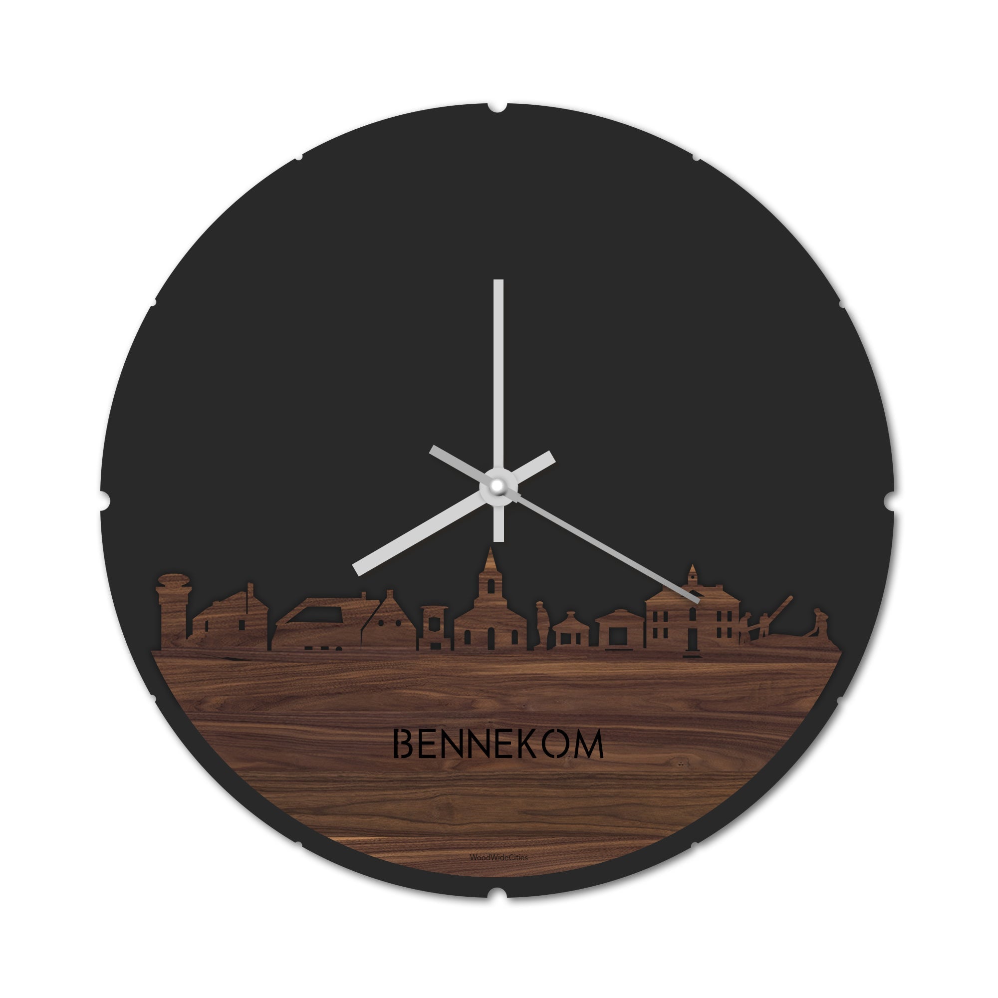 Skyline Klok Rond Bennekom Noten houten cadeau decoratie relatiegeschenk van WoodWideCities