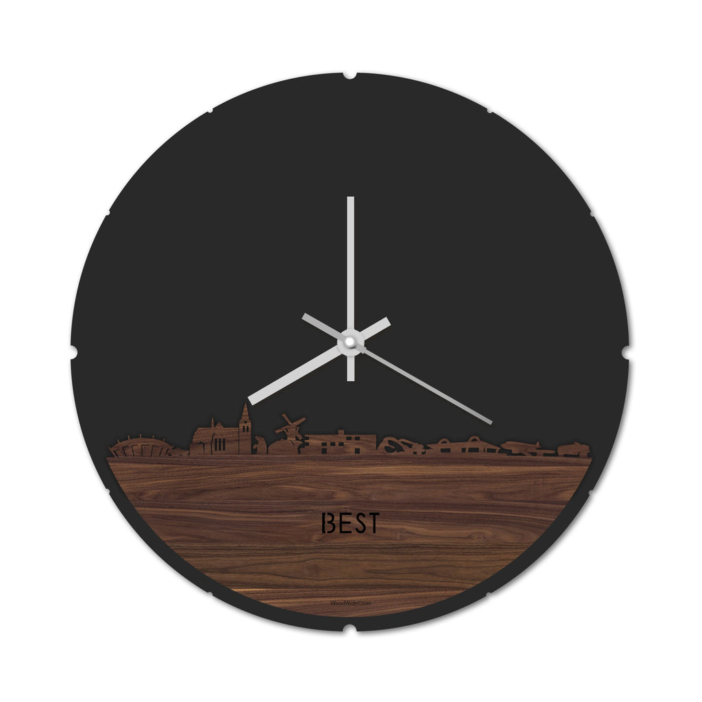 Skyline Klok Rond Best Noten houten cadeau decoratie relatiegeschenk van WoodWideCities