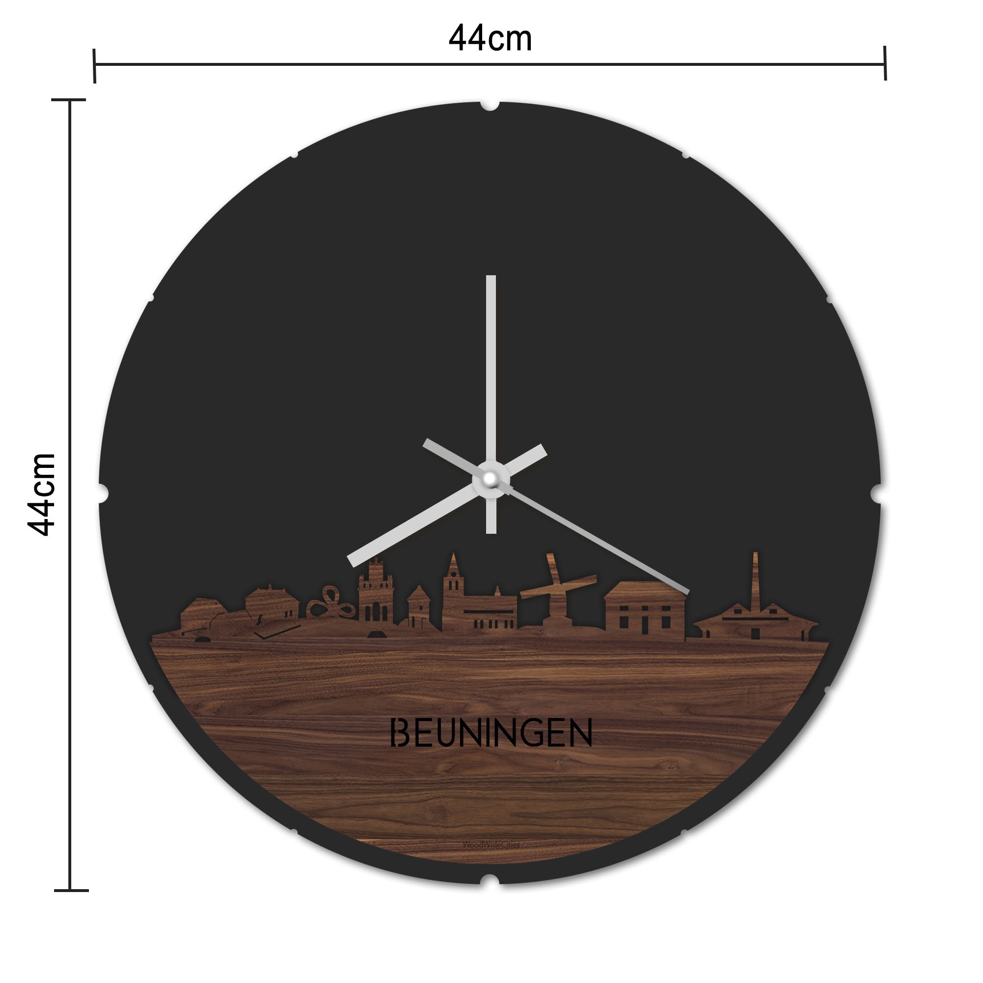 Skyline Klok Rond Beuningen Bamboe houten cadeau decoratie relatiegeschenk van WoodWideCities