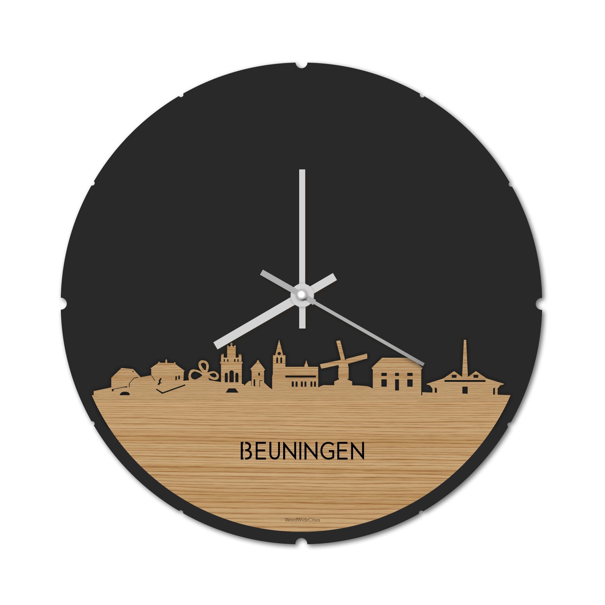 Skyline Klok Rond Beuningen Bamboe houten cadeau decoratie relatiegeschenk van WoodWideCities