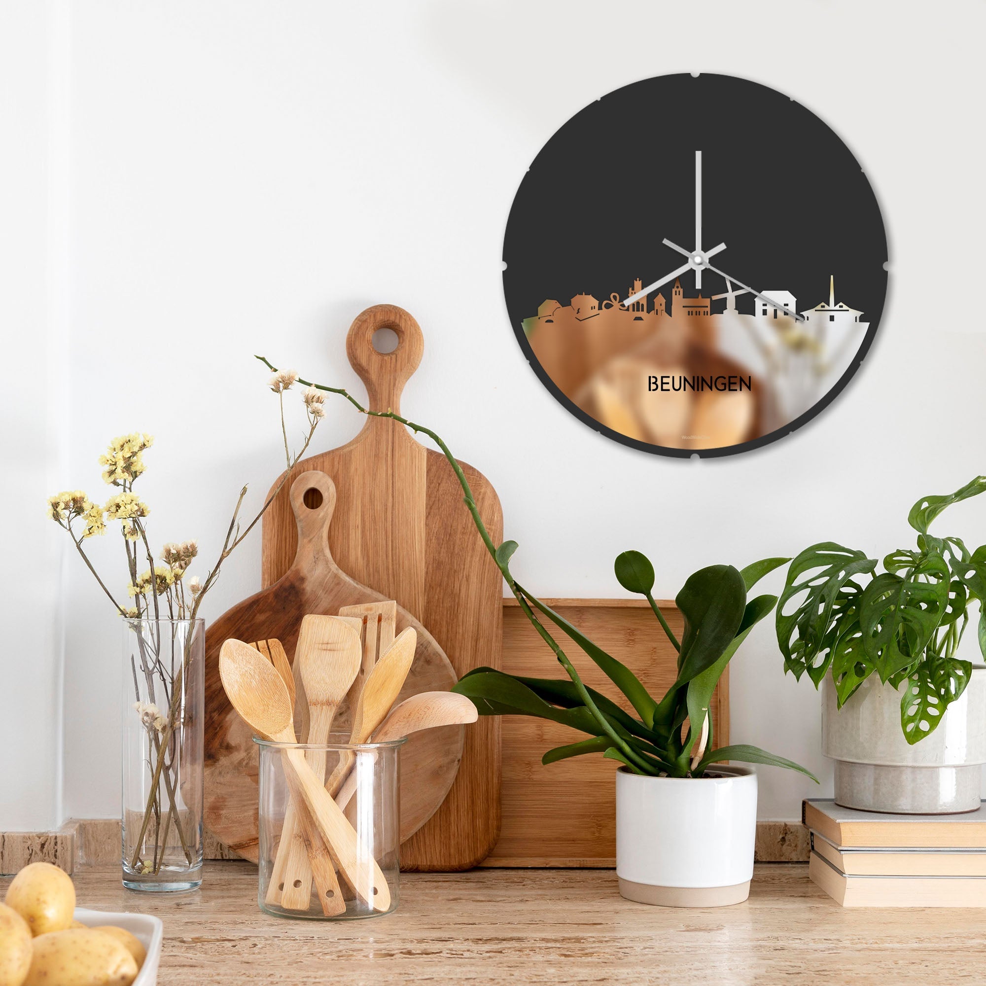 Skyline Klok Rond Beuningen Spiegel gerecycled kunststof cadeau decoratie relatiegeschenk van WoodWideCities