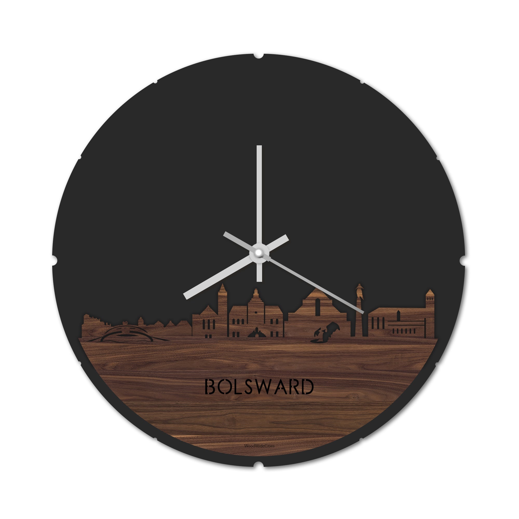 Skyline Klok Rond Bolsward Noten houten cadeau decoratie relatiegeschenk van WoodWideCities