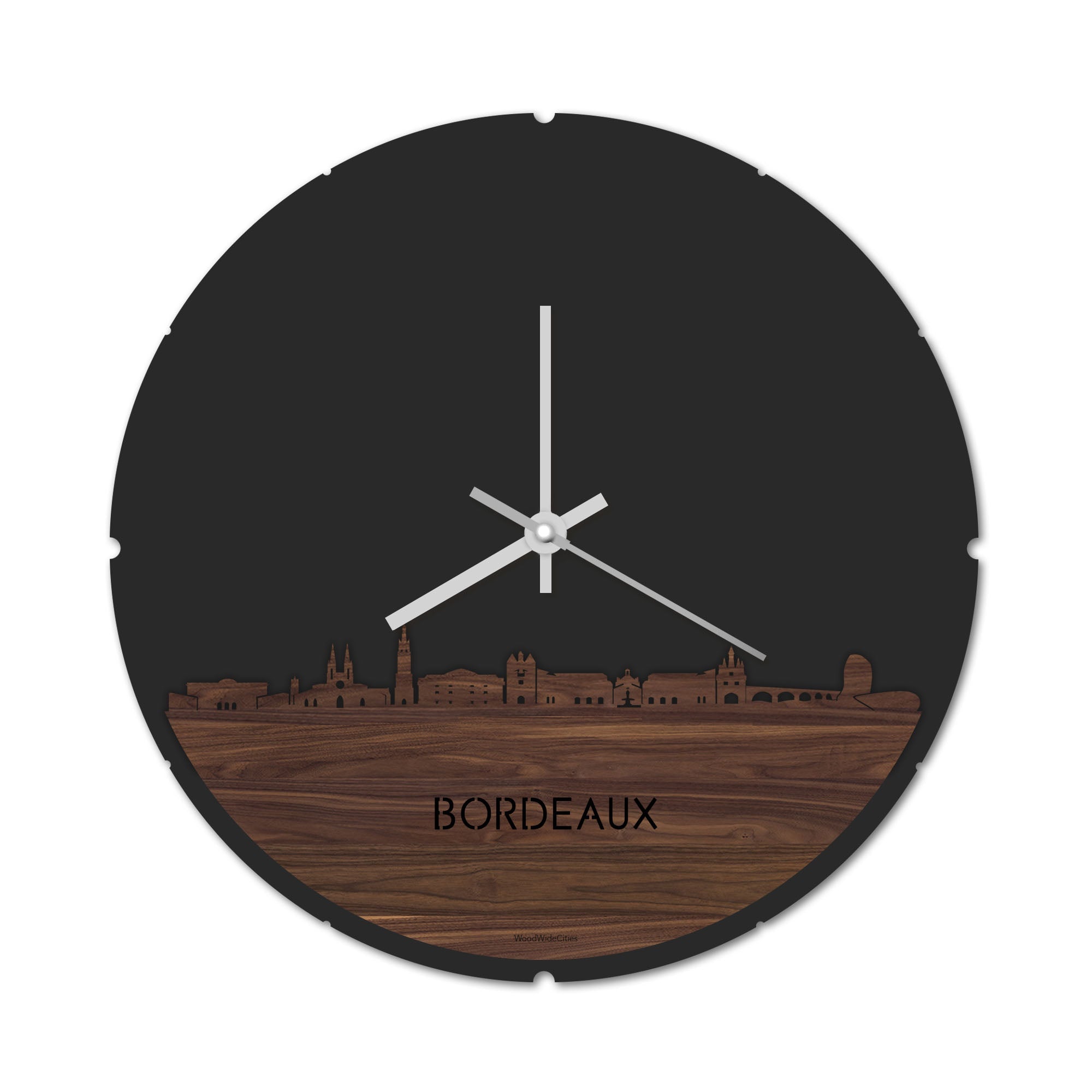 Skyline Klok Rond Bordeaux Noten houten cadeau decoratie relatiegeschenk van WoodWideCities