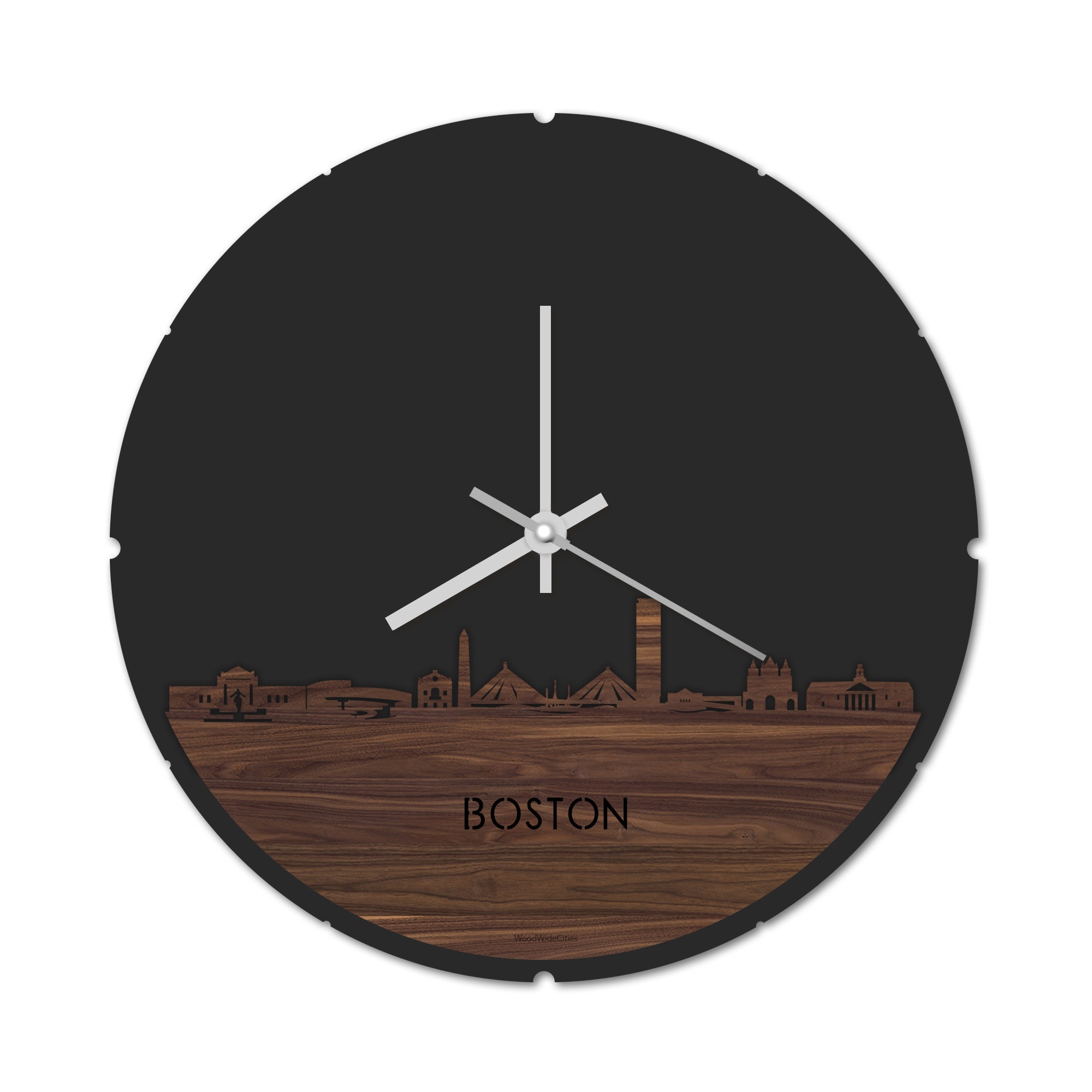 Skyline Klok Rond Boston Noten houten cadeau decoratie relatiegeschenk van WoodWideCities