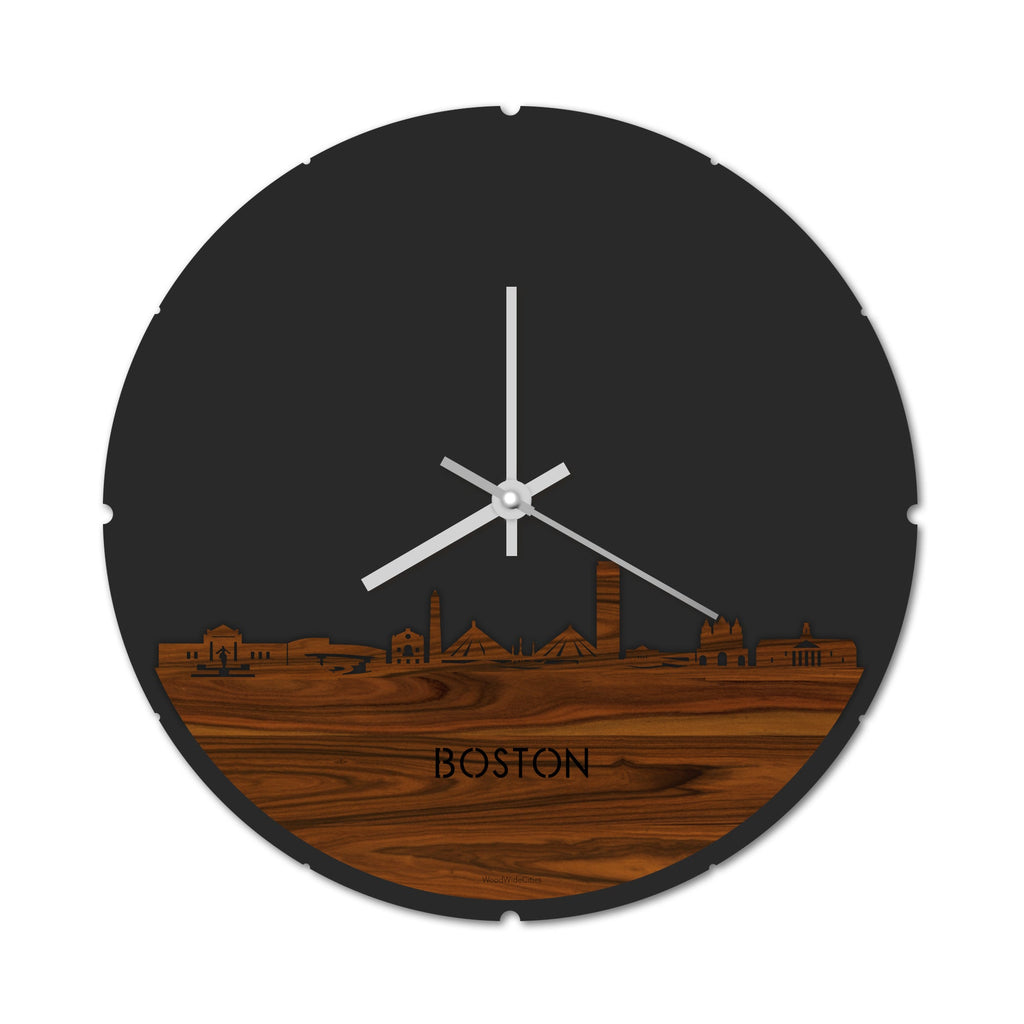 Skyline Klok Rond Boston Palissander houten cadeau decoratie relatiegeschenk van WoodWideCities