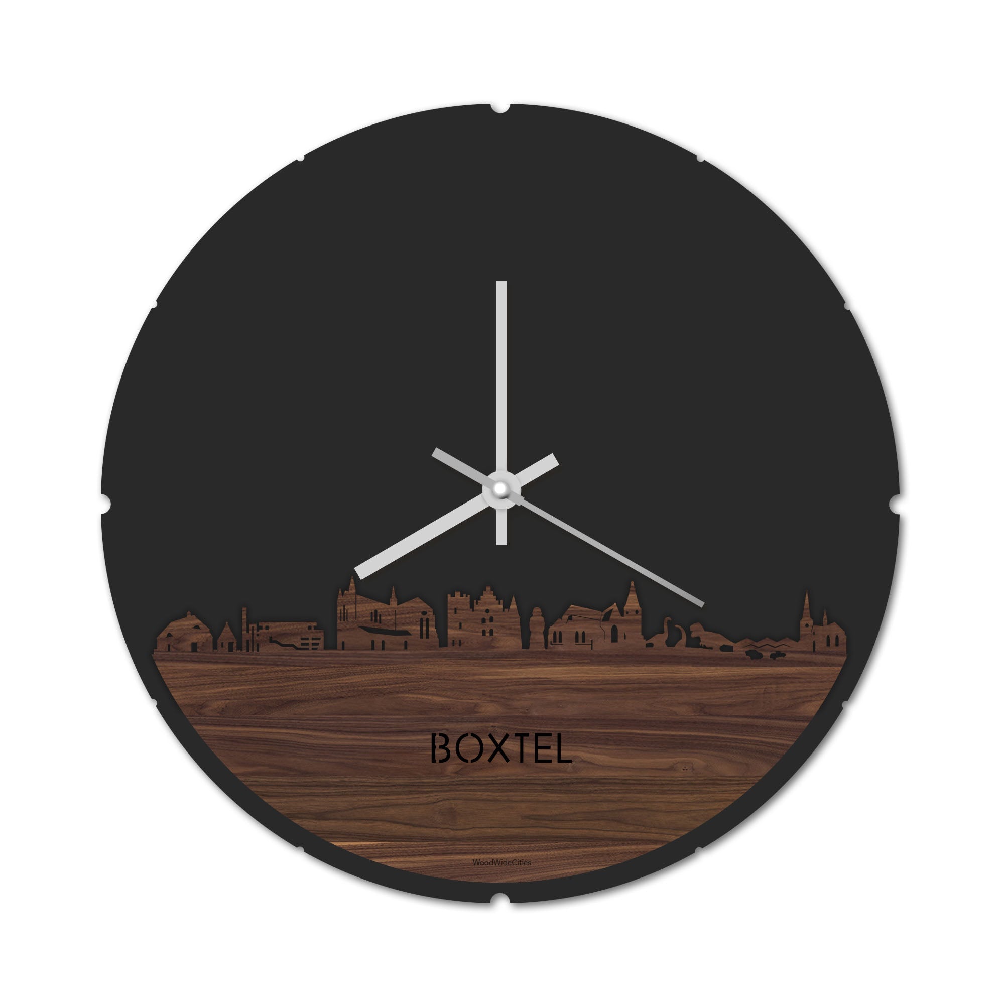 Skyline Klok Rond Boxtel Noten houten cadeau decoratie relatiegeschenk van WoodWideCities