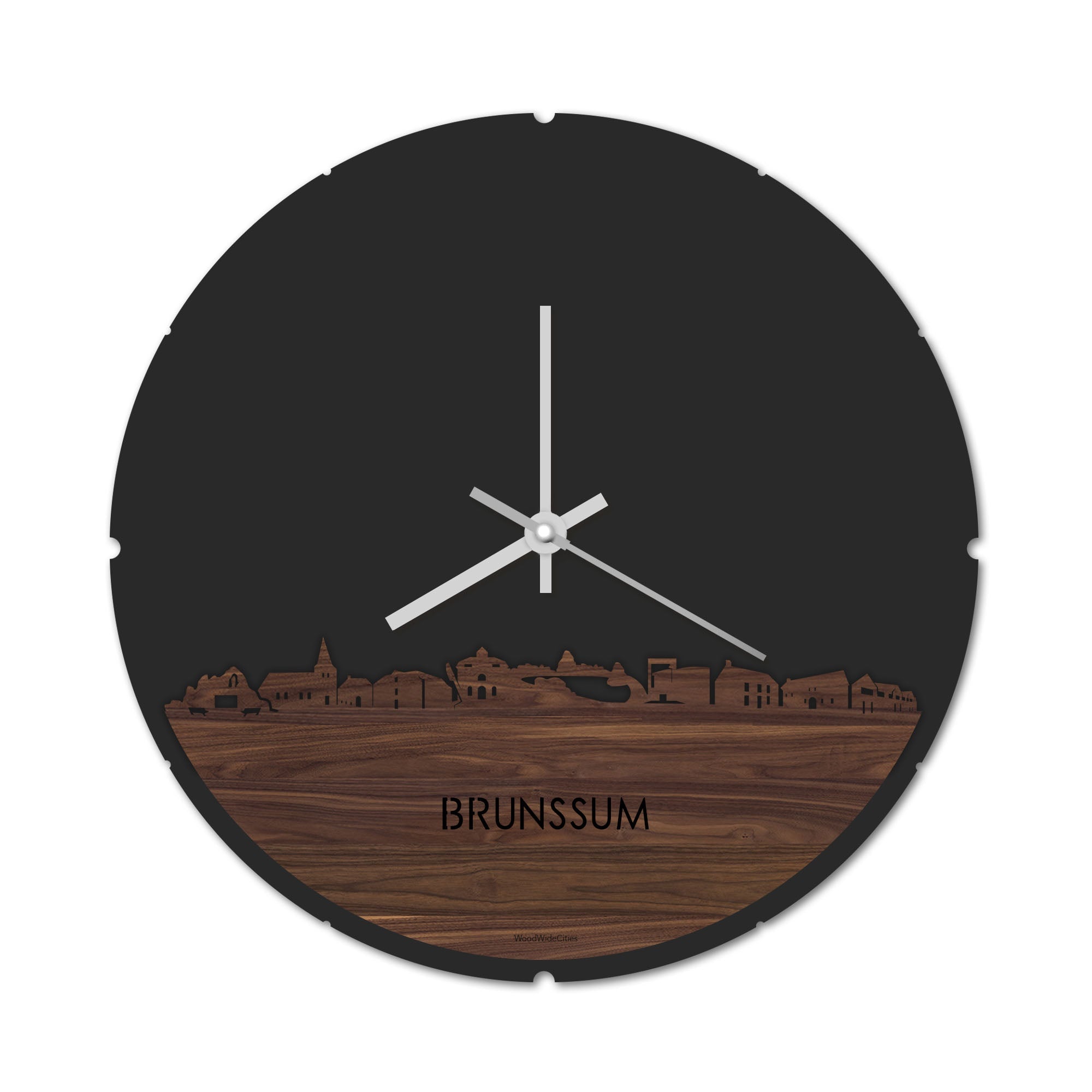 Skyline Klok Rond Brunssum Noten houten cadeau decoratie relatiegeschenk van WoodWideCities