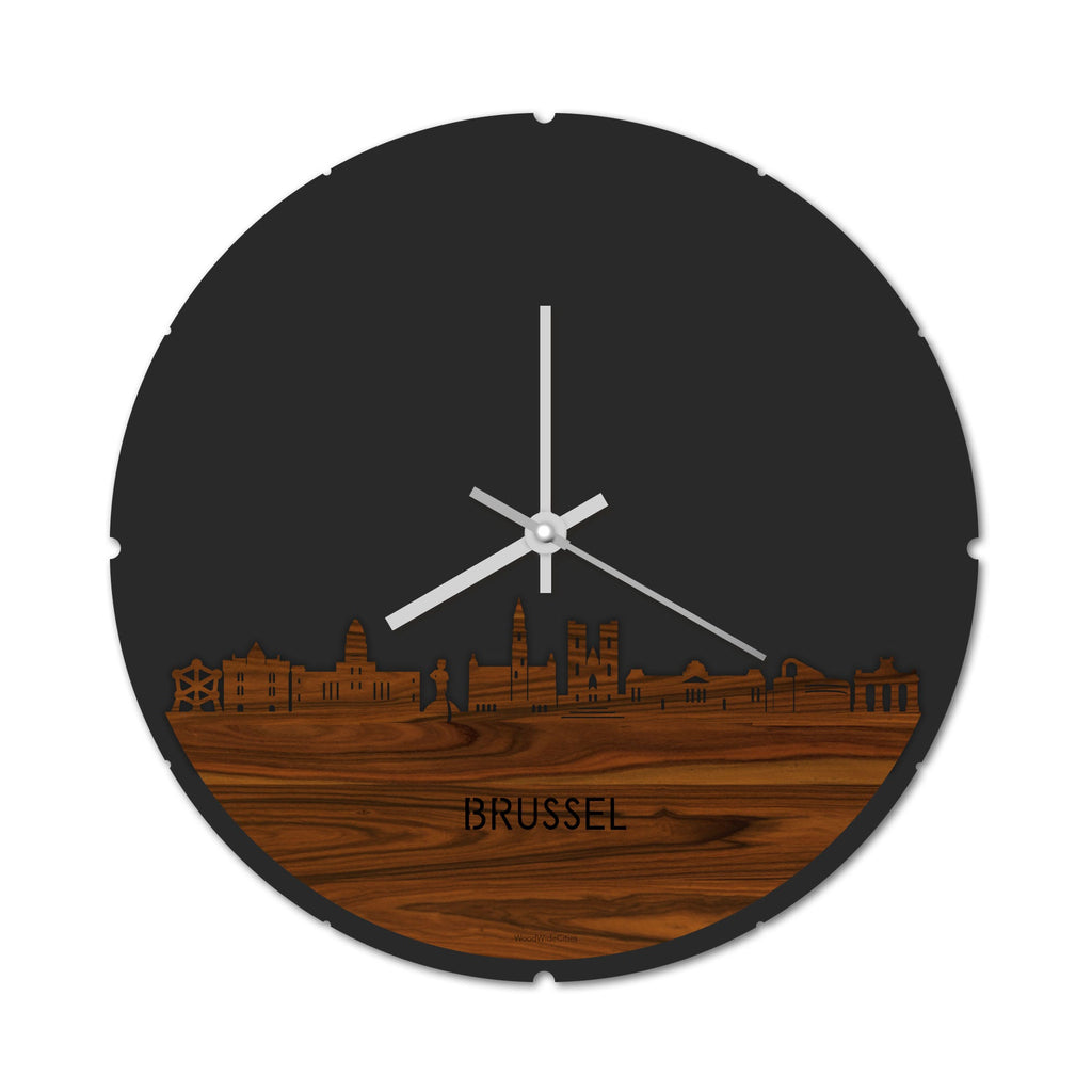 Skyline Klok Rond Brussel Palissander houten cadeau decoratie relatiegeschenk van WoodWideCities