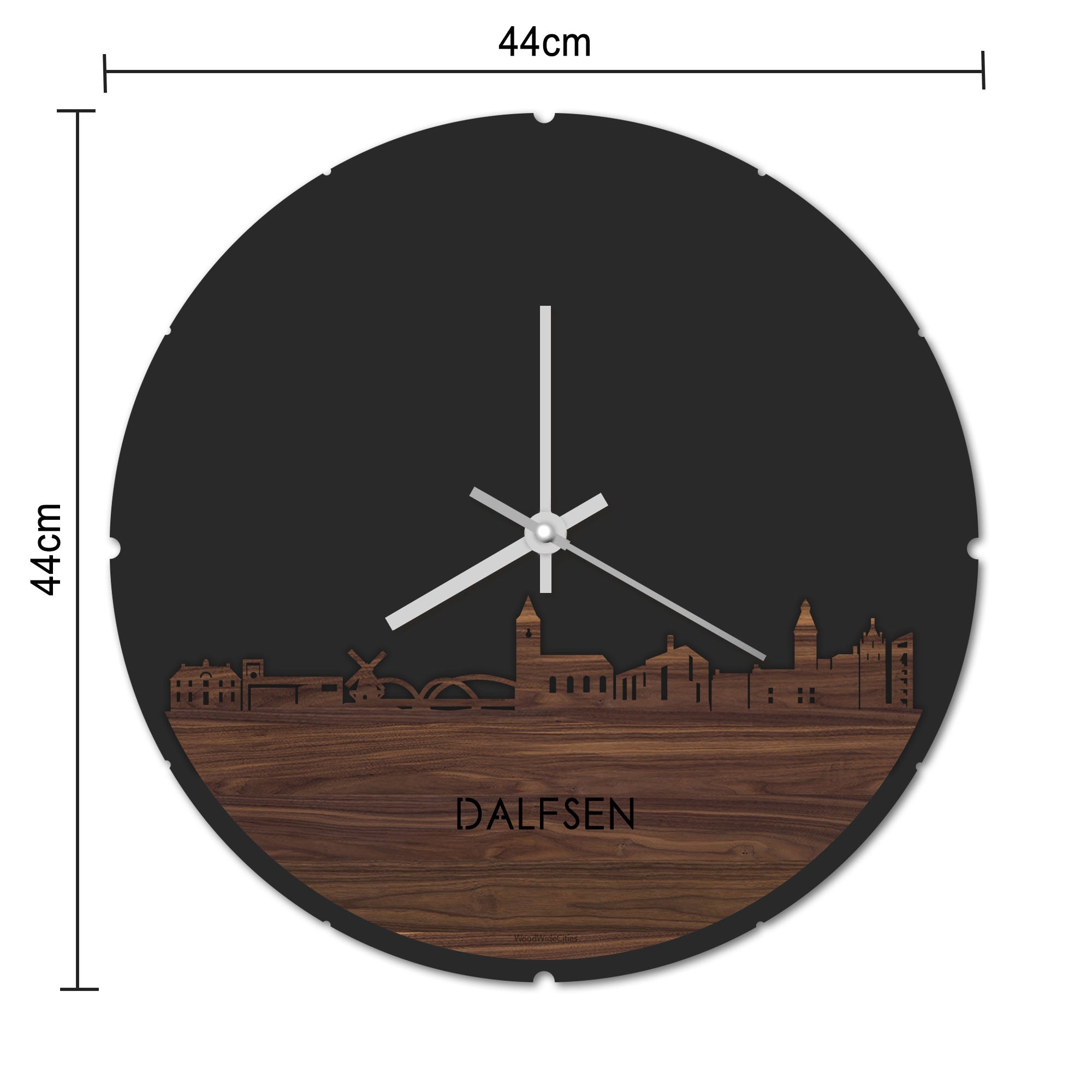 Skyline Klok Rond Dalfsen Noten houten cadeau decoratie relatiegeschenk van WoodWideCities