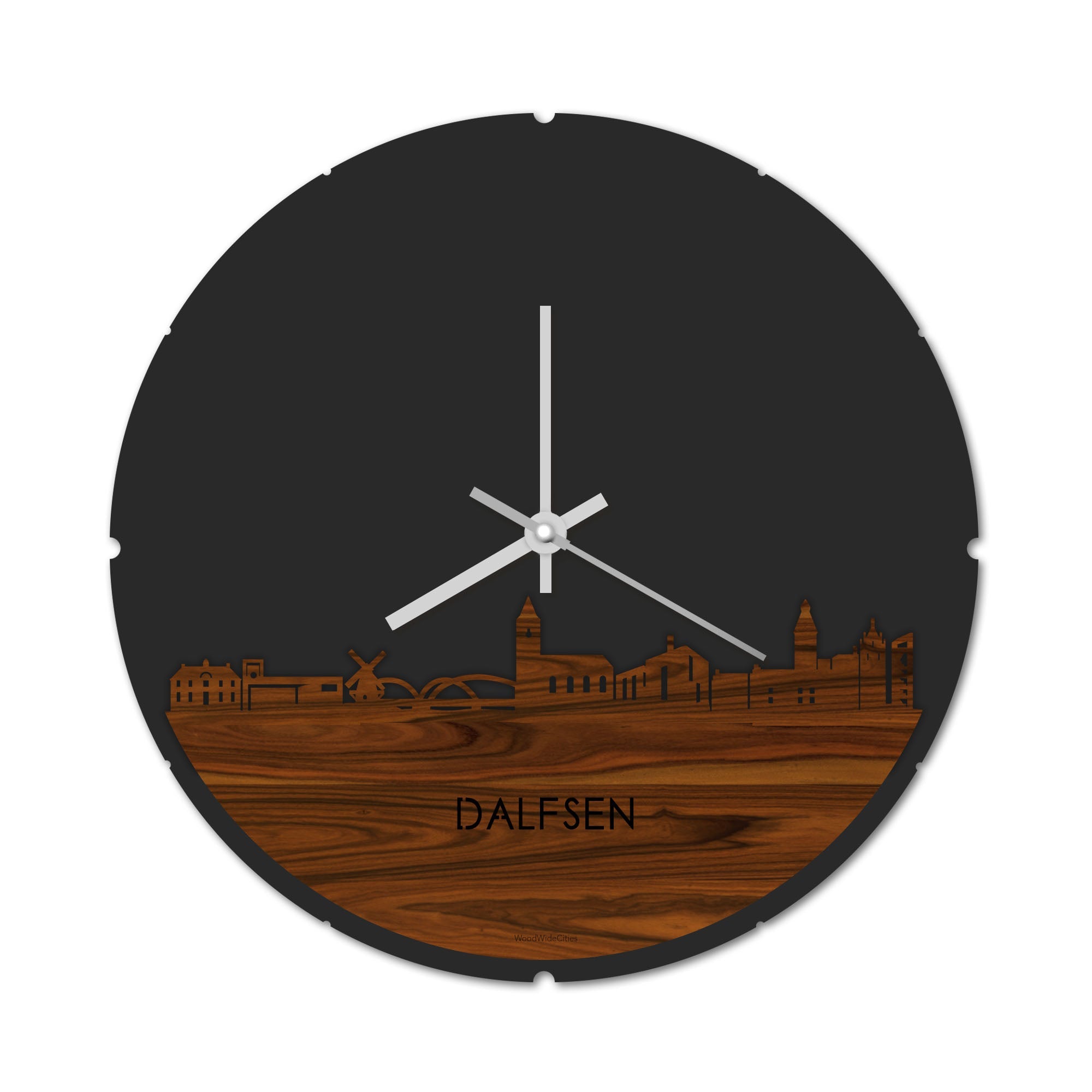 Skyline Klok Rond Dalfsen Palissander houten cadeau decoratie relatiegeschenk van WoodWideCities